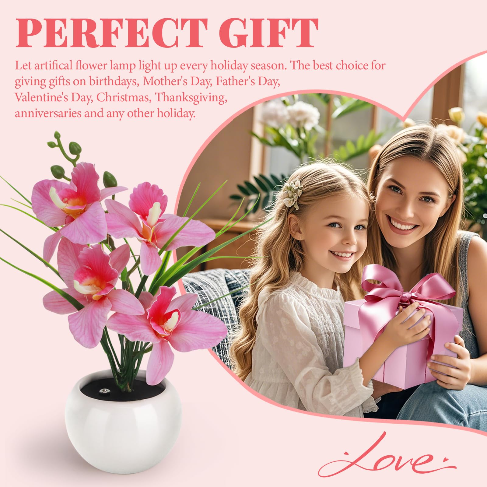 Strackvial Artificial Flower Night Light, Touch Stepless Dimming Usb Rechargeable Pink Orchid Flower With Vase Lamp, Led Desktop