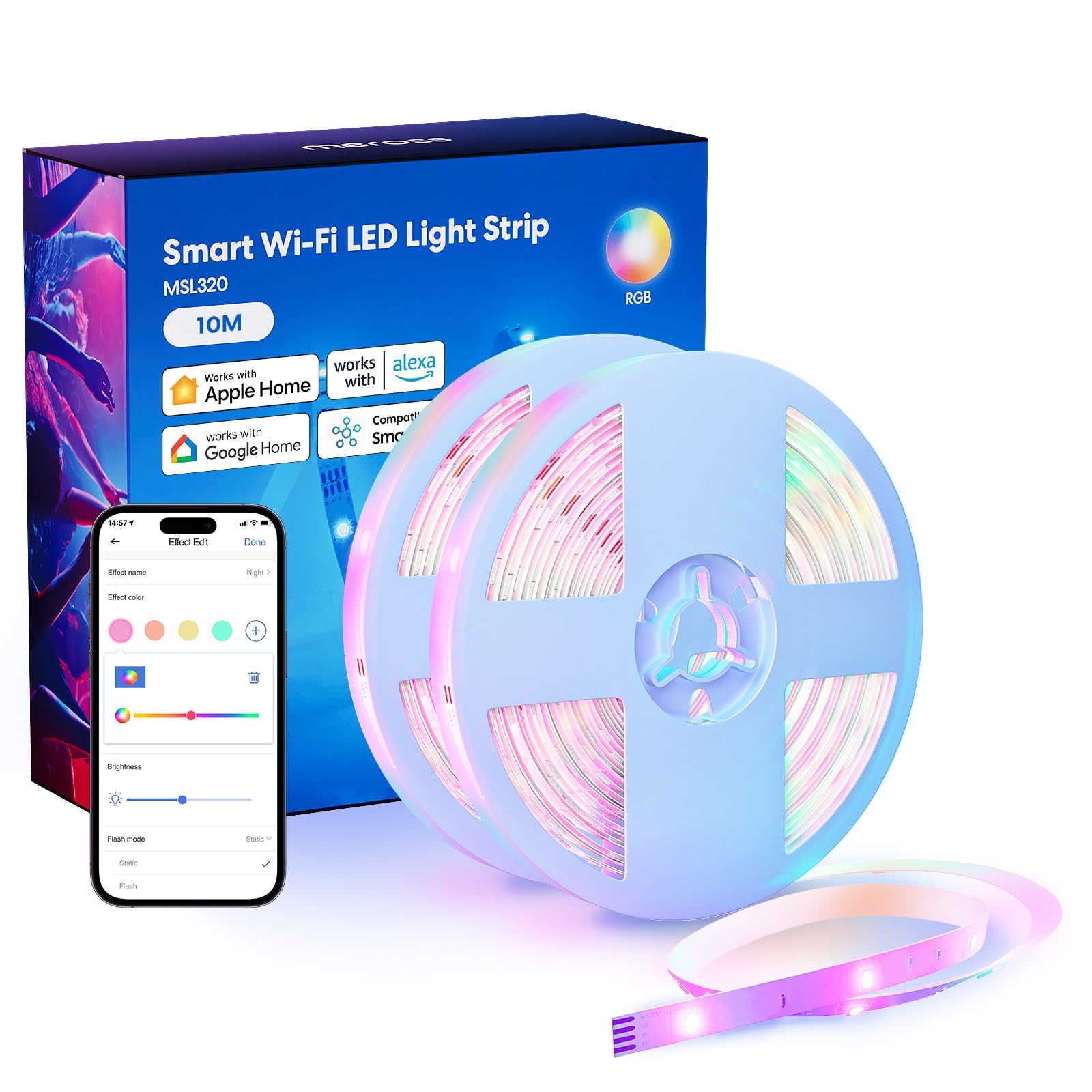 Meross Smart Led Strip Lights 32.8Ft Wifi Rgb, Compatible With Apple Homekit, Alexa, Google