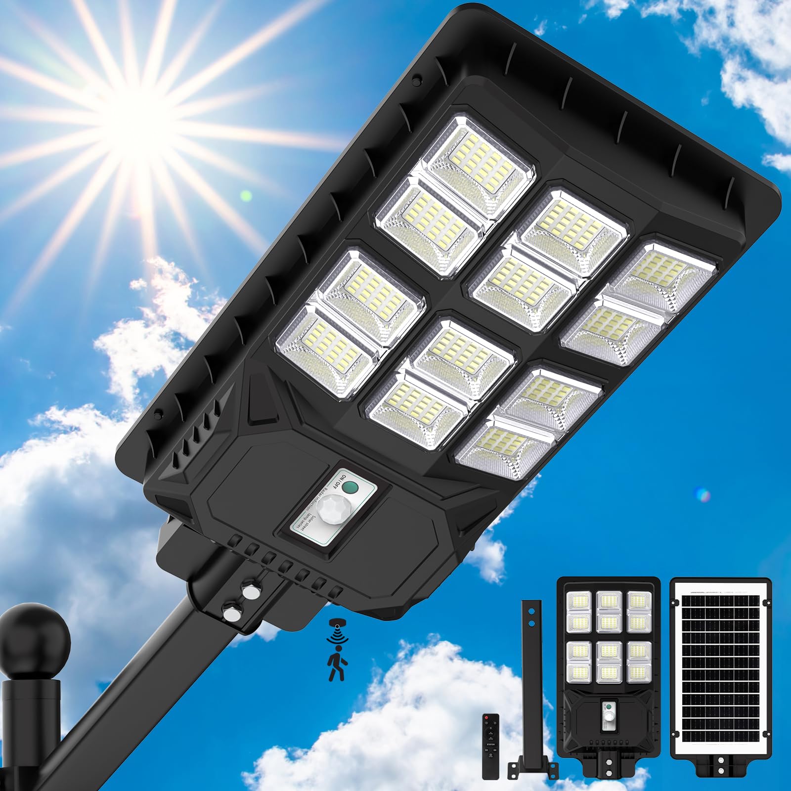 Solar Street Lights Outdoor 2000W, 6500K Solar Light Outdoor Waterproof Dusk to Dawn, Parking Lot Lights Commercial Motion Senso