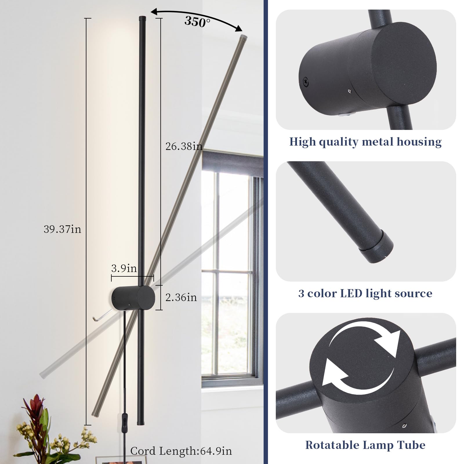KELUOLY Dimmable Wall Sconce Set of 2, 39.37" LED, Adjustable Brightness, Black, Model RYDCT-HS100, Ideal for Living Room