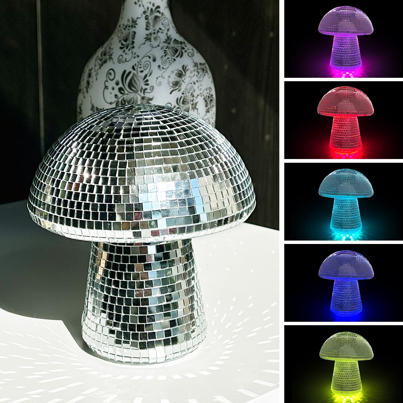IJG Silver Mushroom Disco Lights RGB, 6 Inch Reflective Ball Home Decor, Plastic, Model 1