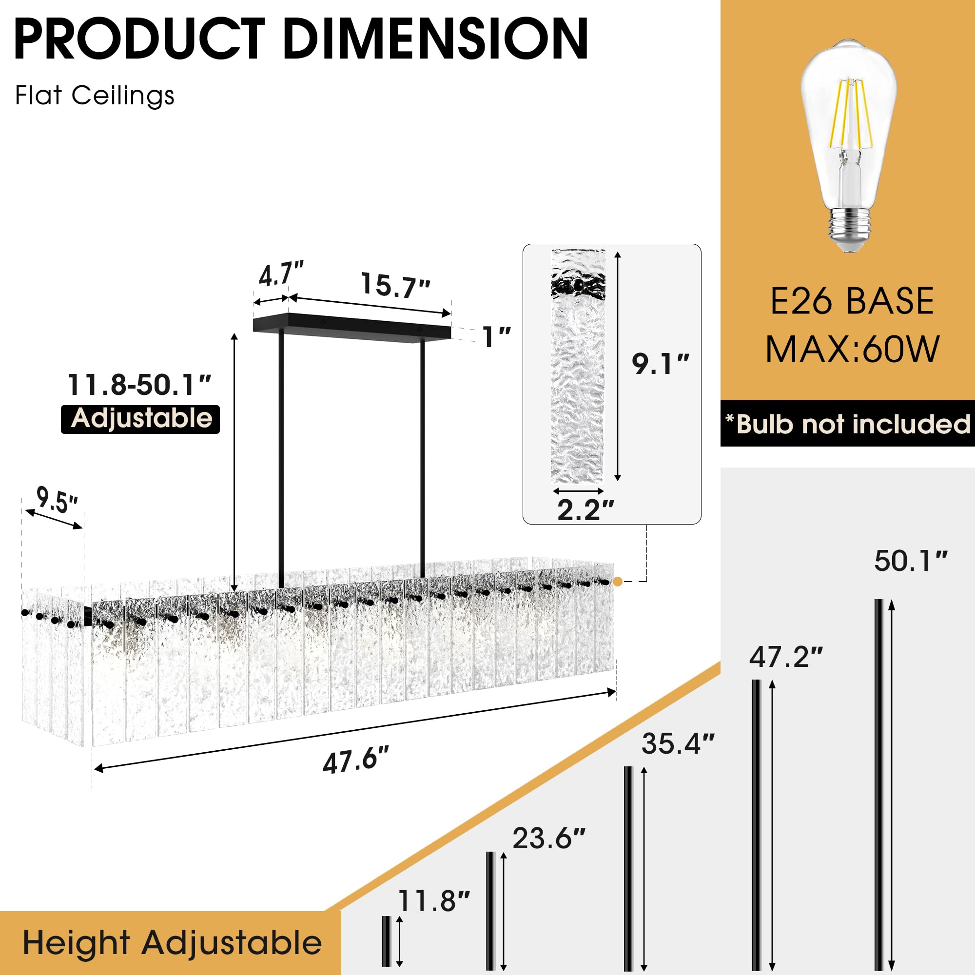 Danshinro 4FT Black Chandelier for Dining Room, Linear Crystal Design, Metal, Clear Black, Model L22, 6 Bulbs Max 60W (Not Included)