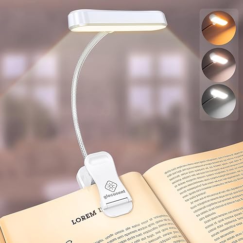 Glocusent Book Light ET-Head, 3 Colors & 5 Brightness, Rechargeable, Lightweight, Small, White, Model A18