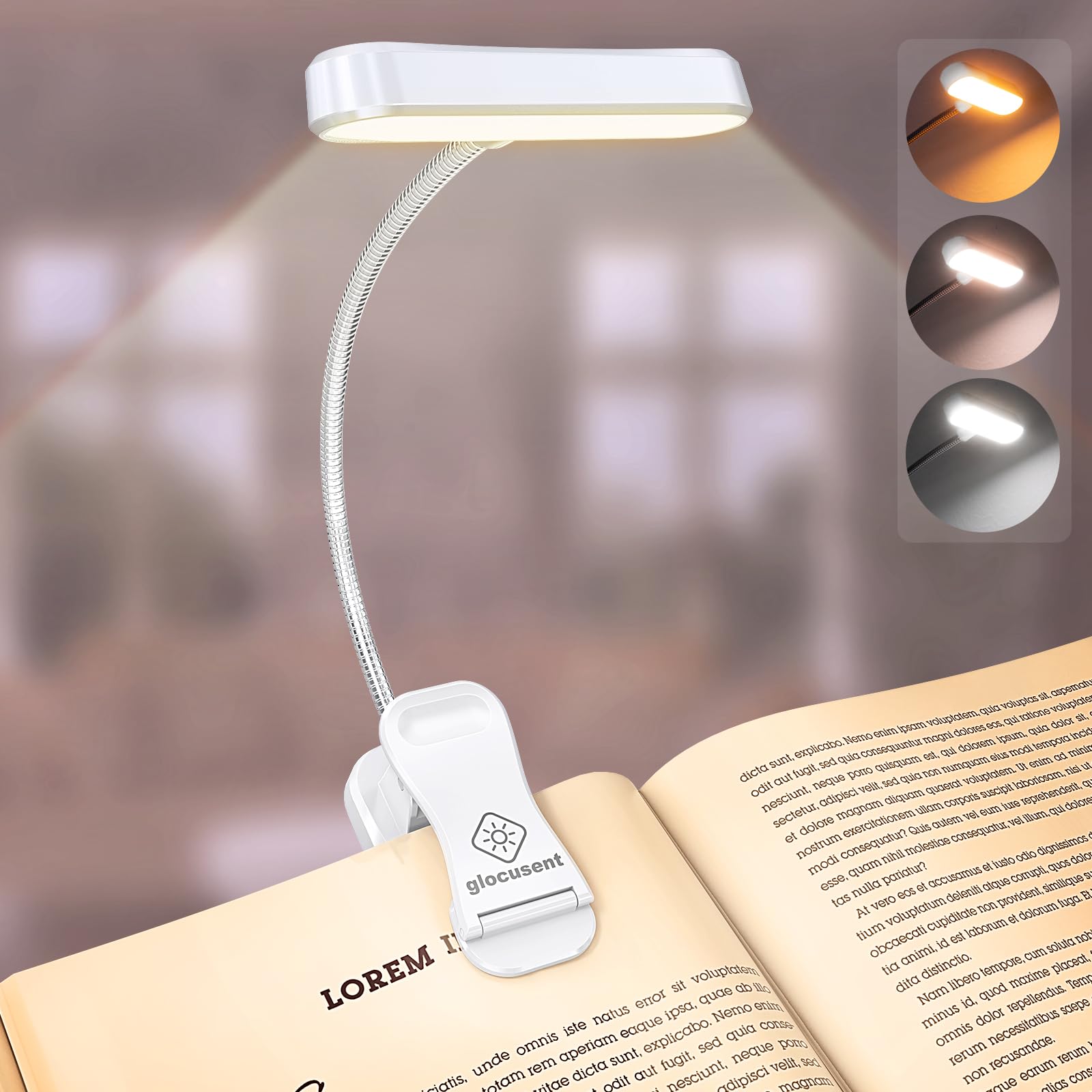 Glocusent Book Light ET-Head, 3 Colors & 5 Brightness, Rechargeable, Lightweight, Small, White, Model A18