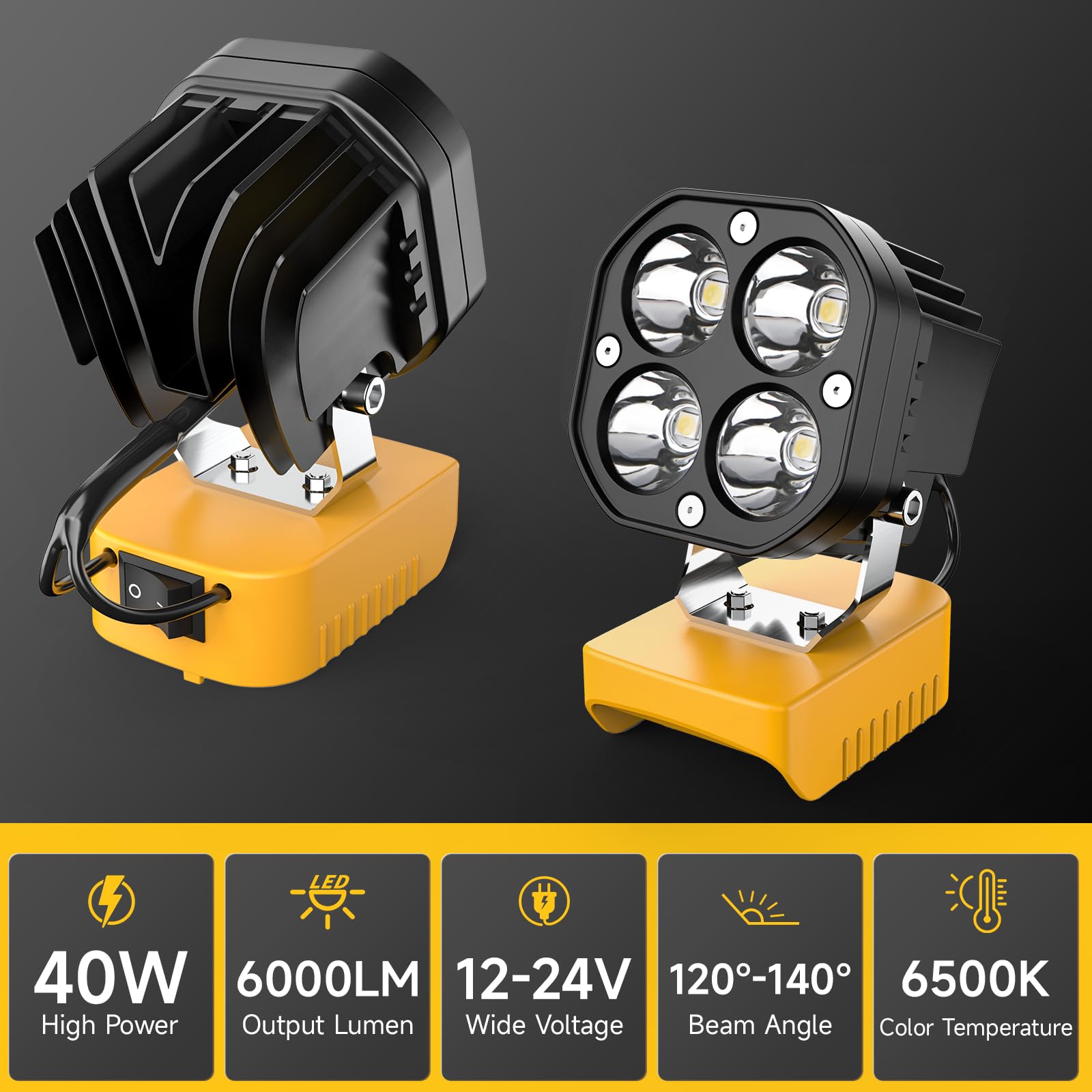 Azocek Led Work Light Compatible With Dewalt 20V Battery, 40W 6000Lm Flashlight, 20V Battery Cordless Work Light 120Adjustable W