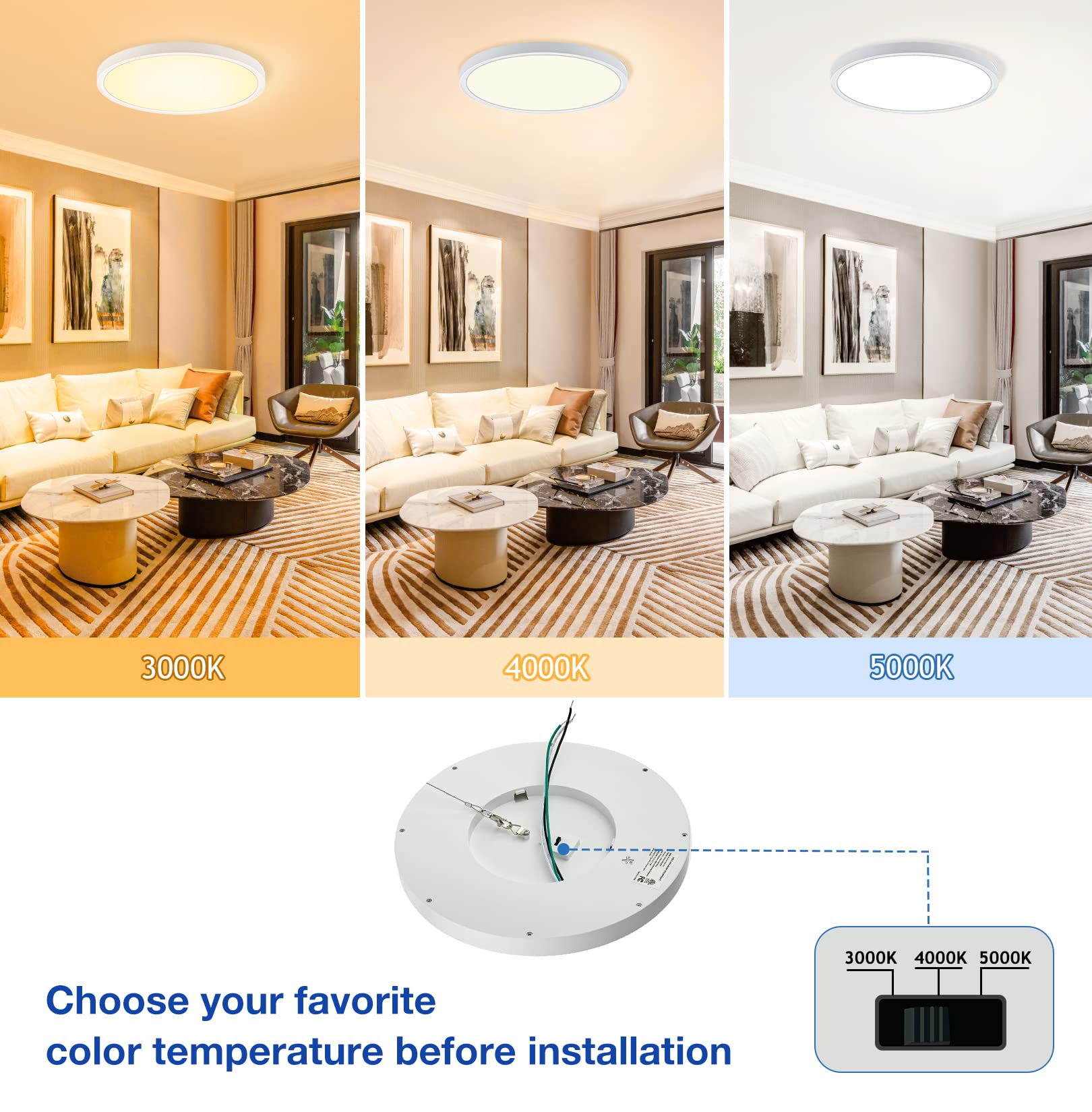 Cycevsun 15.8 Inch Dimmable Led Ceiling Light Flush Mount, Low Profile 24W 3000K-4000K-5000K 3 Color Temperature Selectable,120V