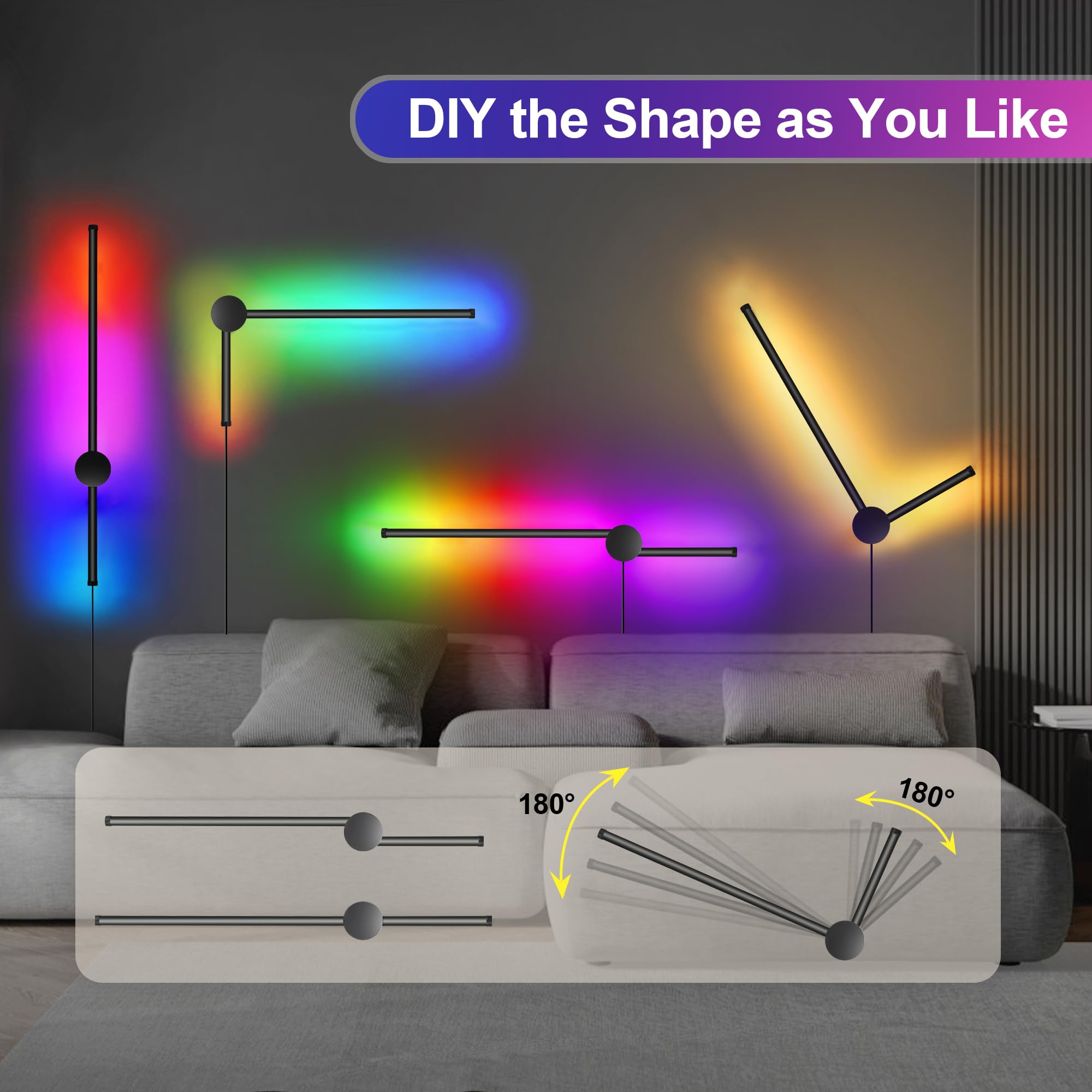 GOODATE RGB LED Wall Sconces Set of 2, 15 Color Modes, Dimming, 23.6 Inches, Black, Model CDG-2PACK, Aluminum Alloy+Silica