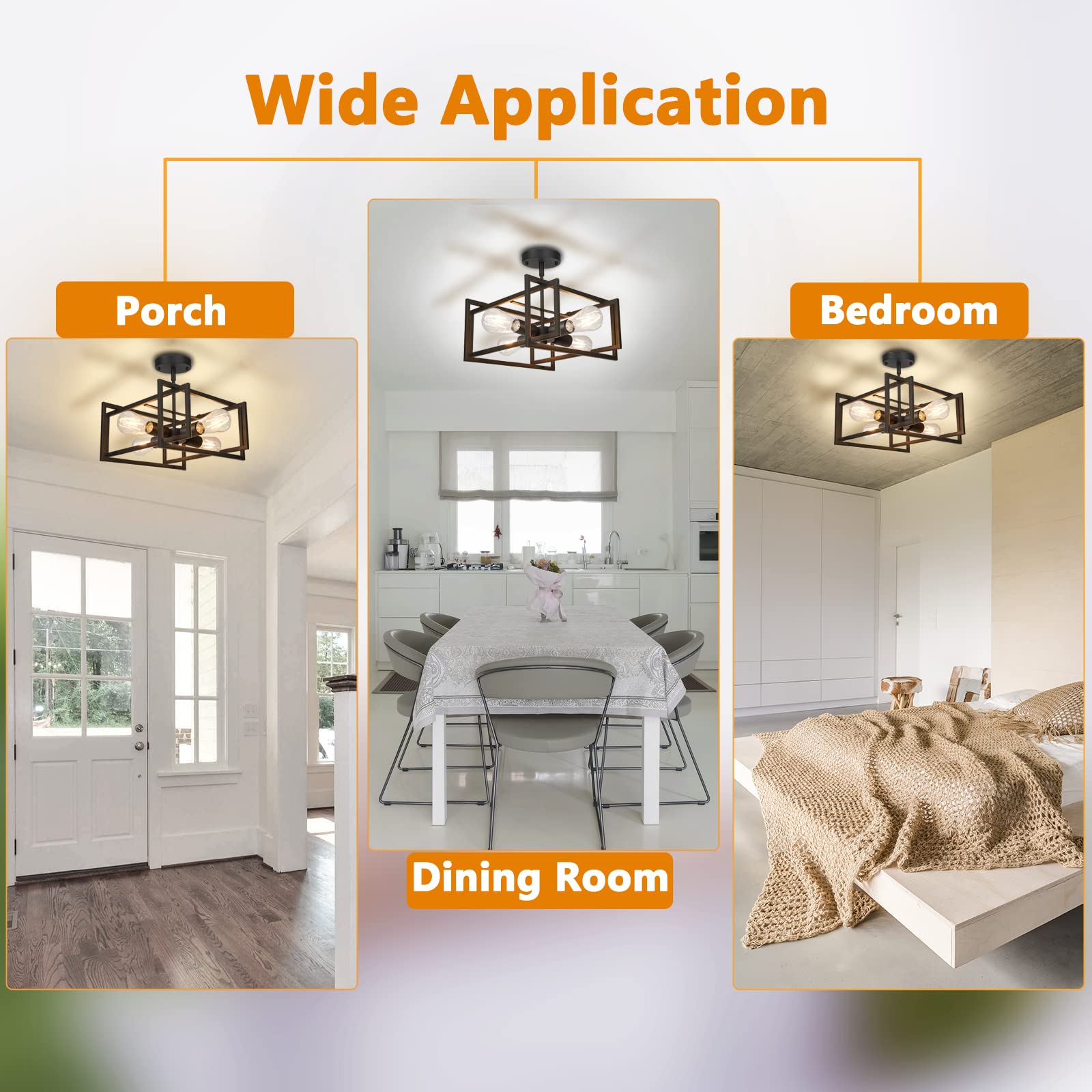 Fadimikoo 4-Light Semi Flush Mount Kitchen Ceiling Light Fixture, Black Metal, Modern Rectangle Frame, Ideal For Bedroom And Hallway