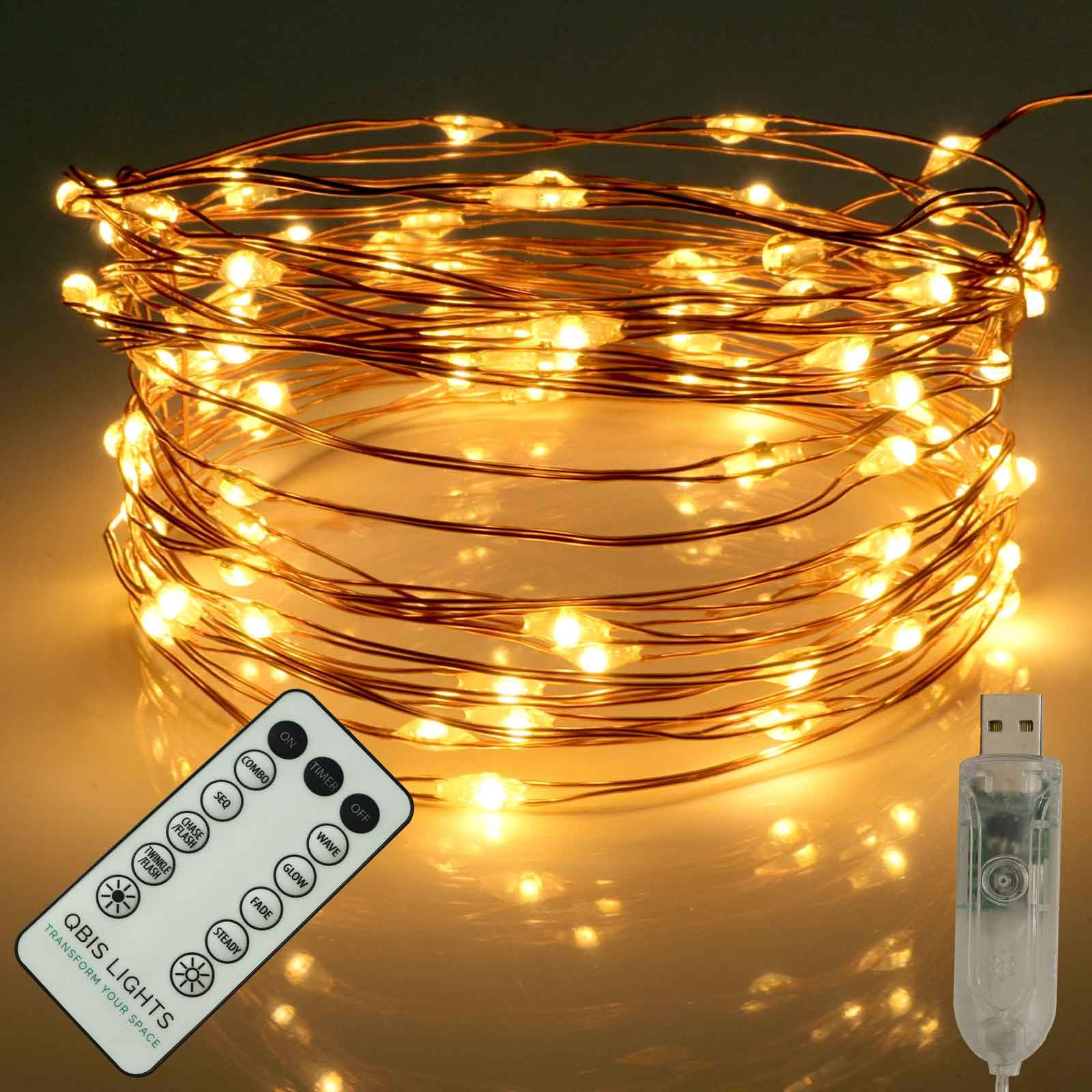 QBIS Warm White Fairy Lights on Copper Wire, 100 Micro LED String Lights with USB Plug, Timer, Multi Function, Adjust Brightness