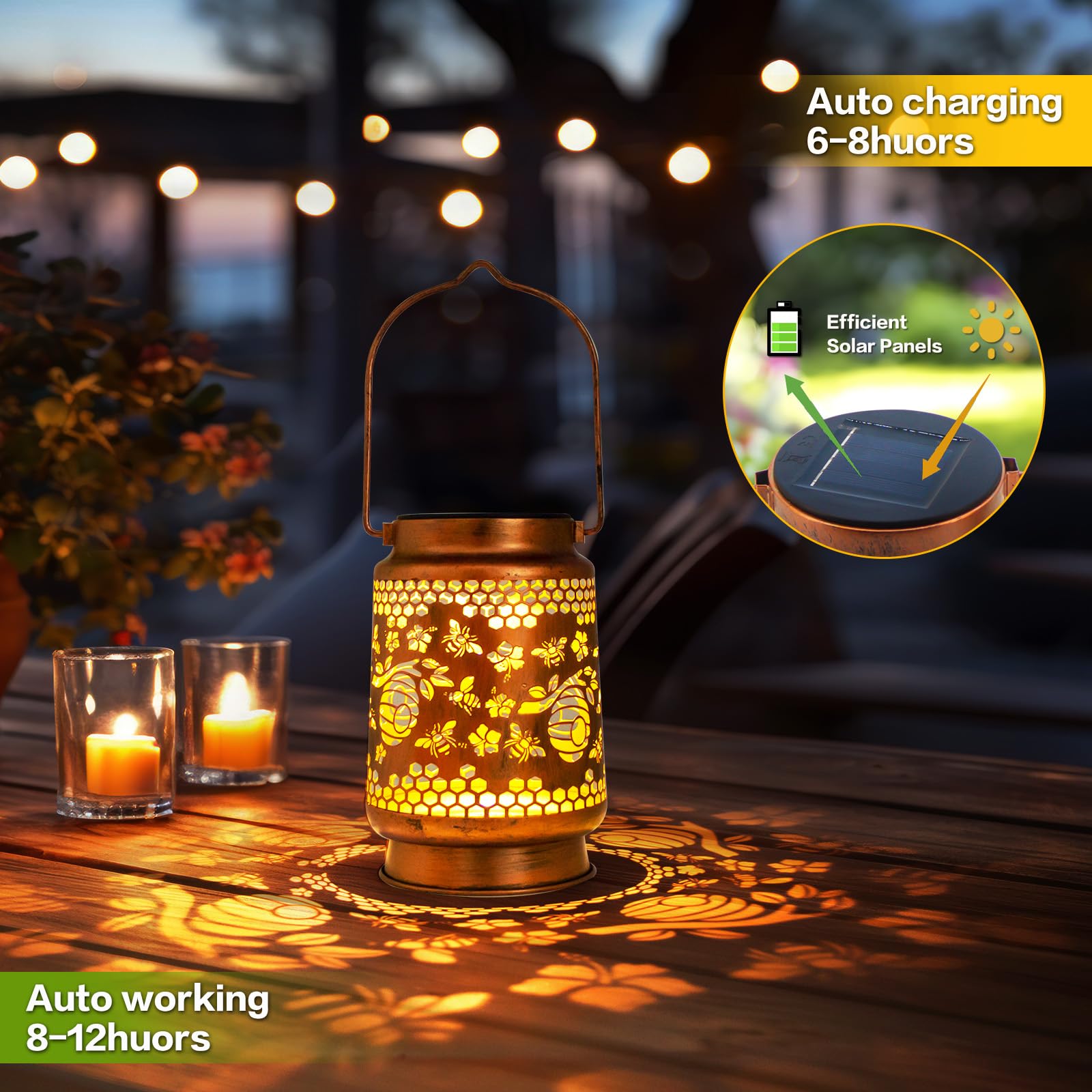 ZASOWUUO Solar Lantern - Waterproof Metal LED Light, Bronze, Model ZA-DL-BEE, Decorative Hanging for Garden, Patio, Lawn