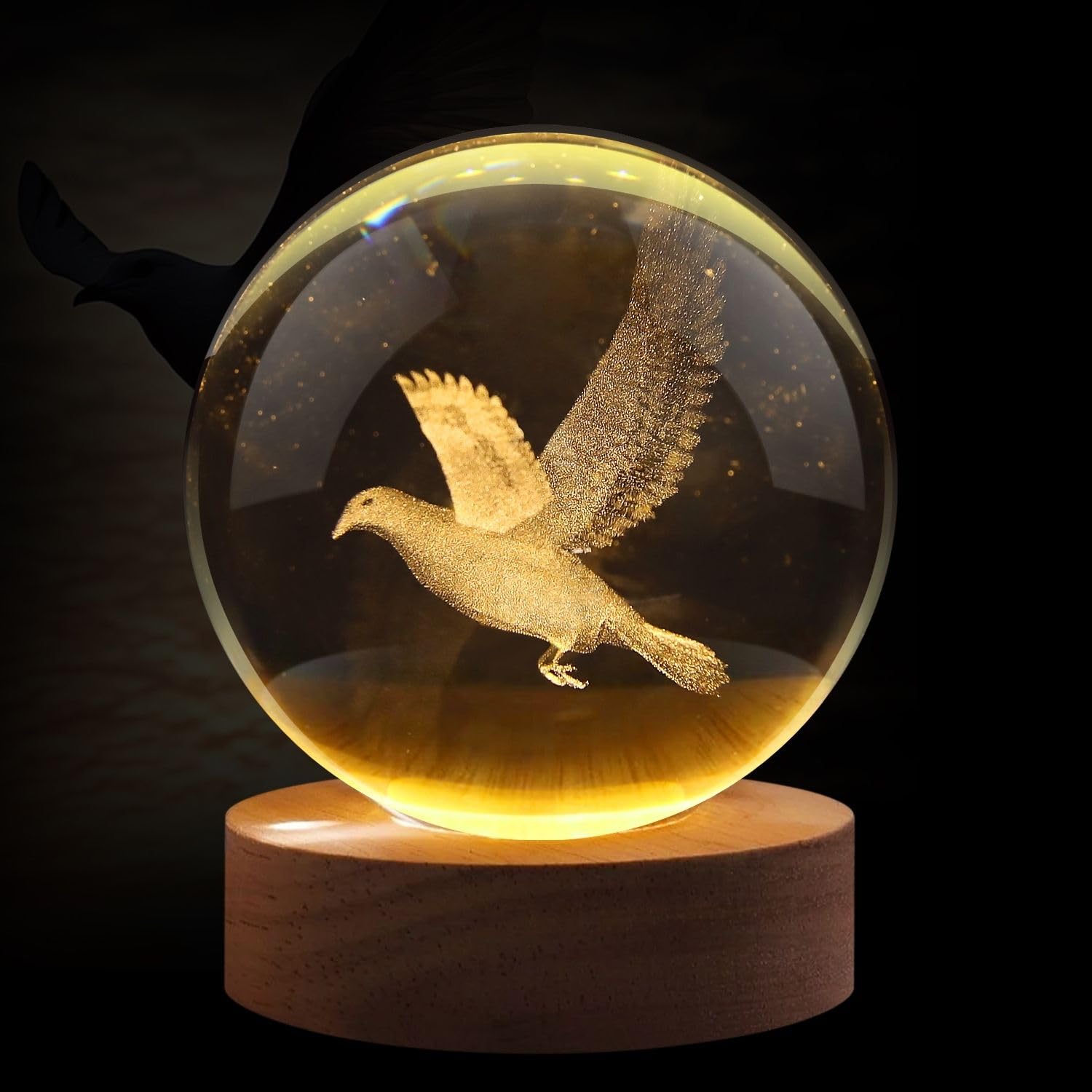 Flexzion 3D Saturn Crystal Ball Night Light - LED Light Hologram Glass Lamp w/Solid Wood Base  USB Powered Crystal Ball Lamp w/Adjustable Brightness for Home Decor Display Gift  3.15 inch (80mm)