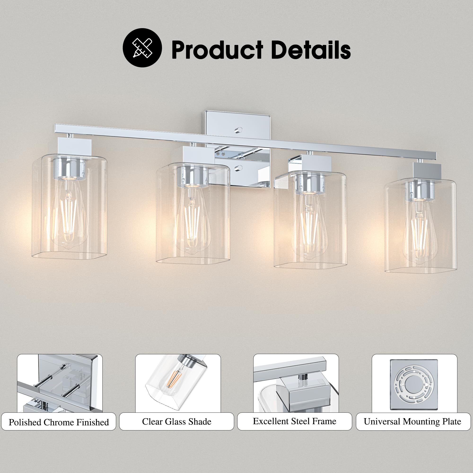 Espird 4 Light Bathroom Vanity Light - Chrome Bathroom Light Fixtures Square Design & Ul Certification, 26 Inch Square Bath Room