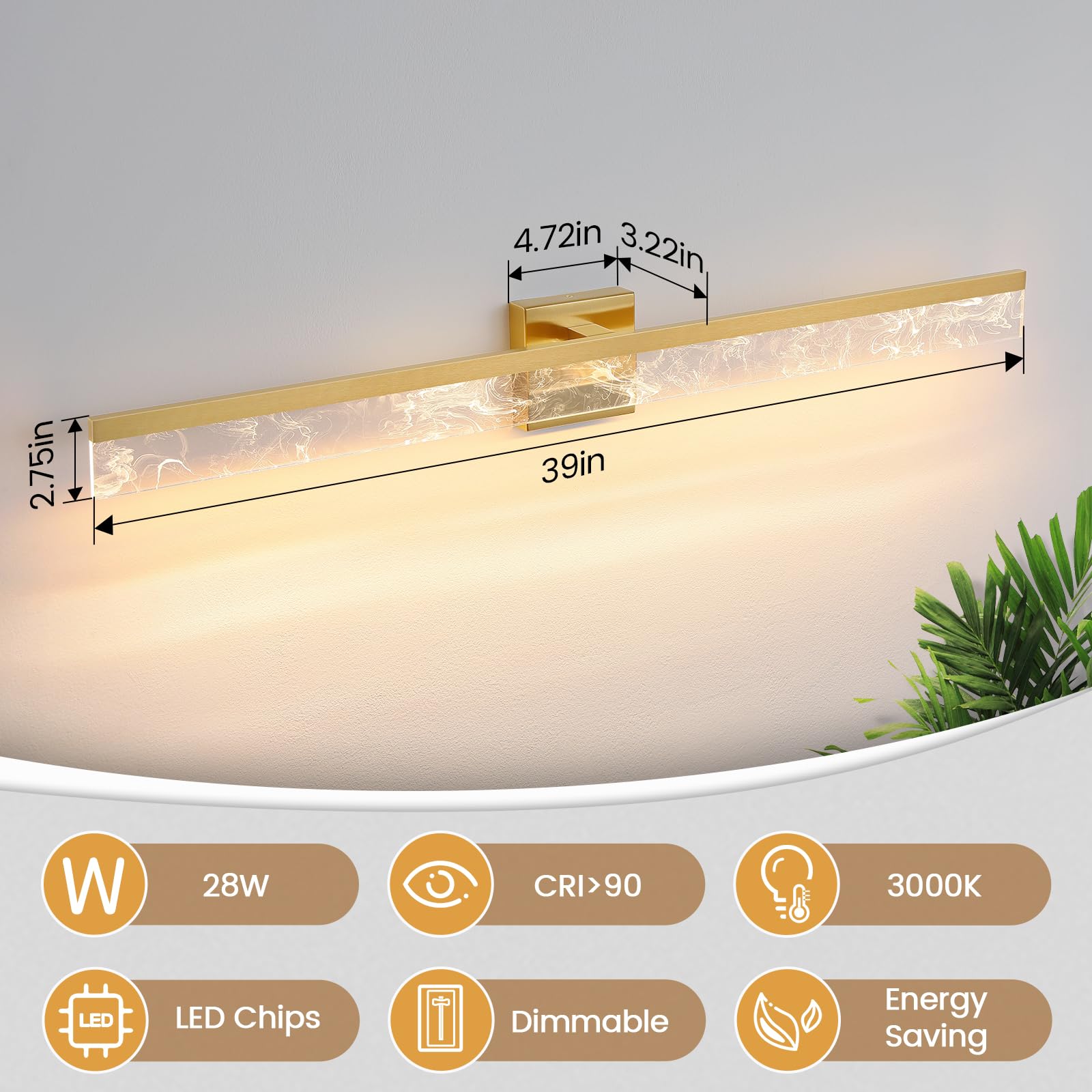 AIJIASI Bathroom Light Fixtures, 39 Inch Brushed Gold LED Vanity Light Bar, Dimmable, Acrylic, Model 8205WL-39GD-US