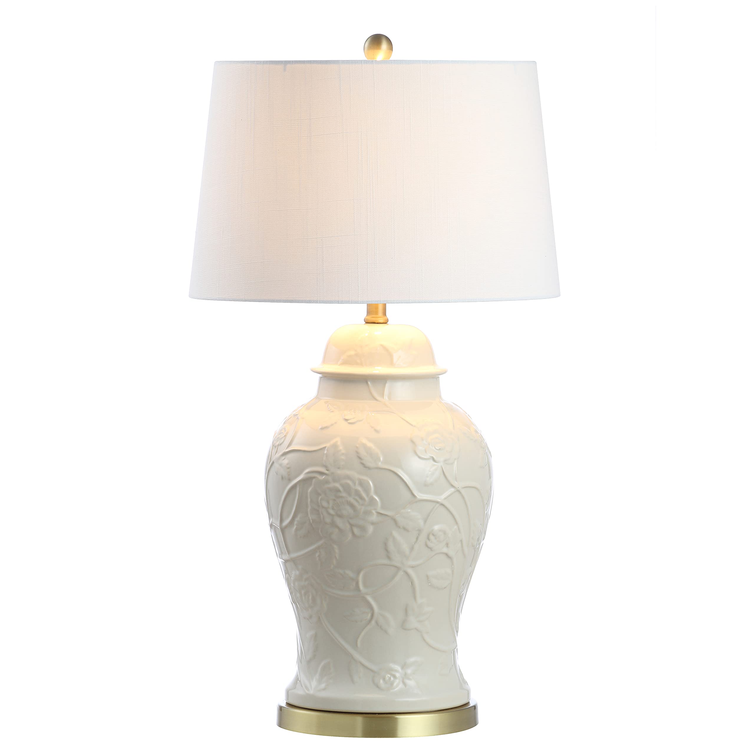 JONATHAN Y 29.5 Cream Ceramic Chinoiserie Table Lamp  Traditional Ginger Jar Lamp for Living Room Bedroom  White Linen Empire Shade  Brass Gold Base  LED Bulb Included JYL6604A