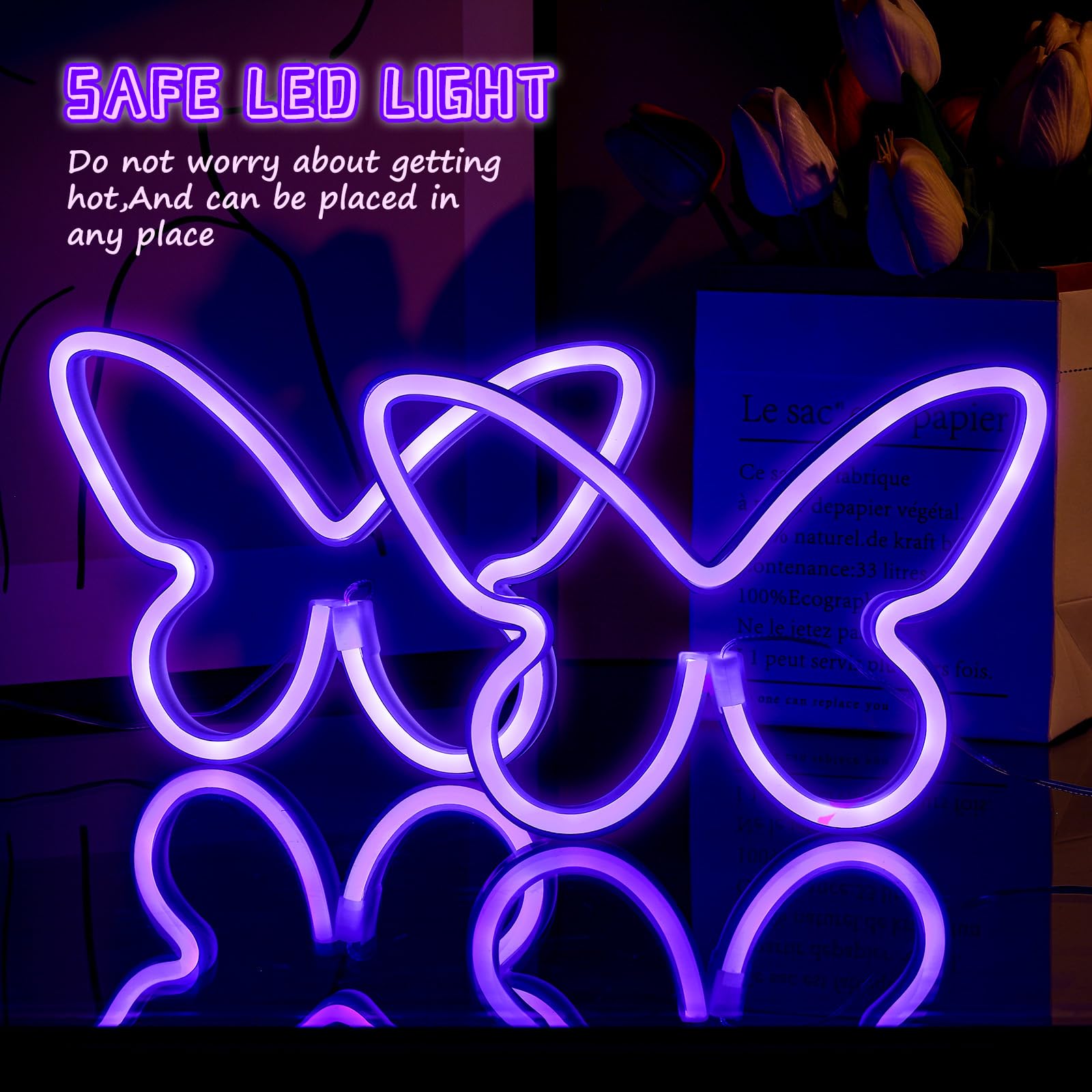Riakrum LED Butterfly Neon Sign Light, USB & Battery Operated Wall Decor, Purple, Model SW-Riakrum-2641, 2 Pcs for Home & Party