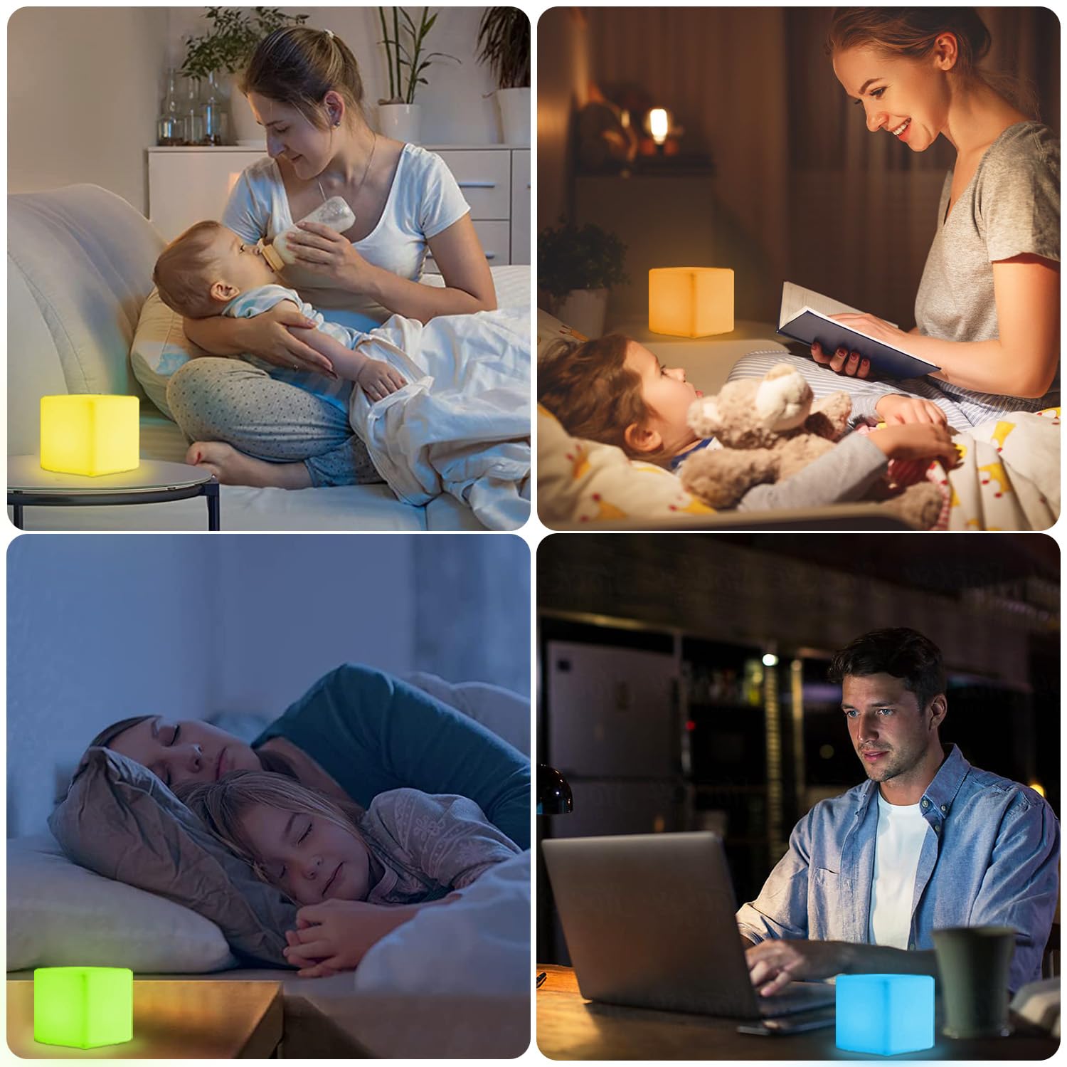 4-In Led Cube Night Light, Cordless Led Light Cubes For Kids, Rgb Color Changing Tesseract Cosmic Cube Mood Lamp W/Remote, Recha