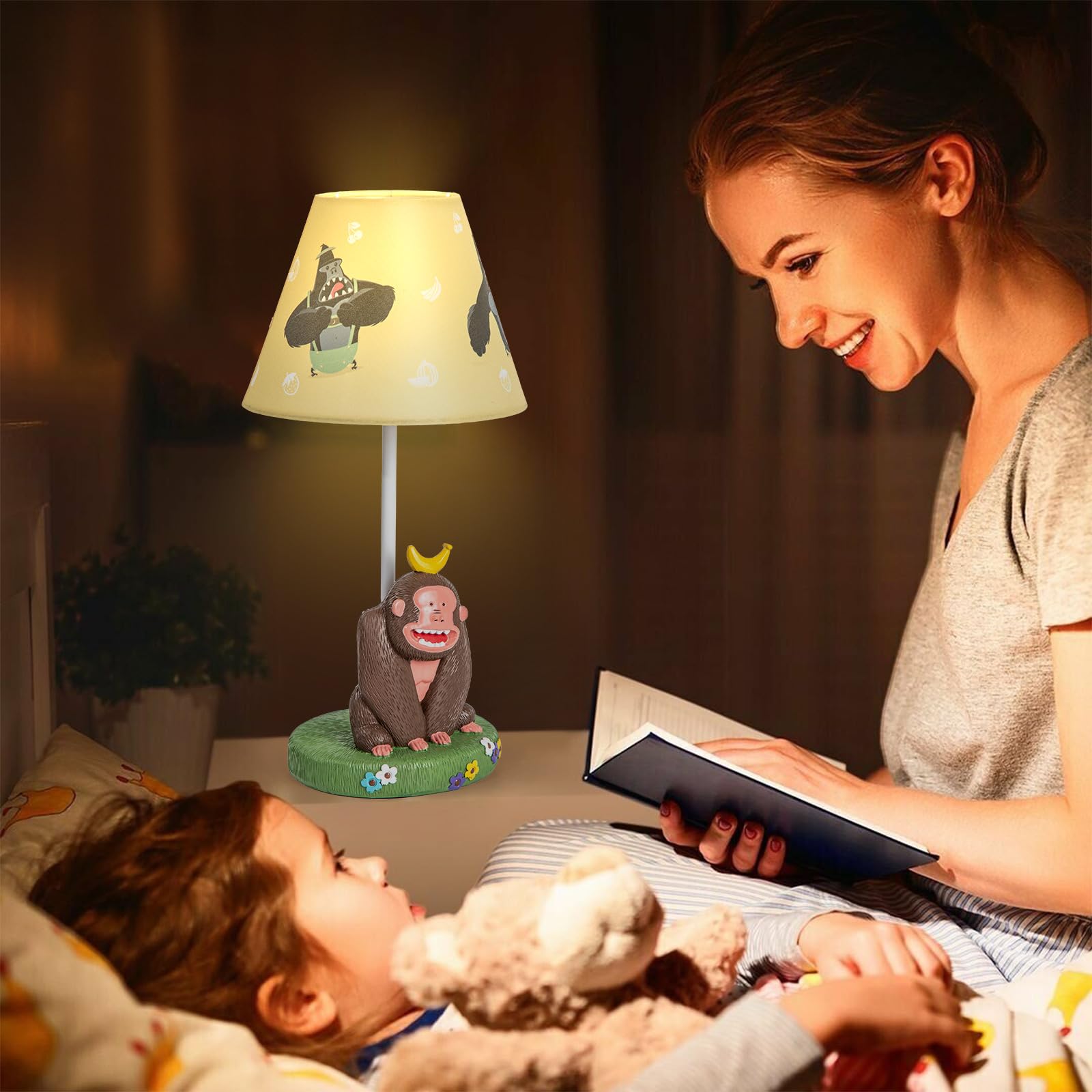 Herbestbay Kids Table Lamp, Adorable Chimpanzees Style Bedside Lamp, 16 Inch Desk Lamp Ideal For Boys Bedroom Decor, Includes Le