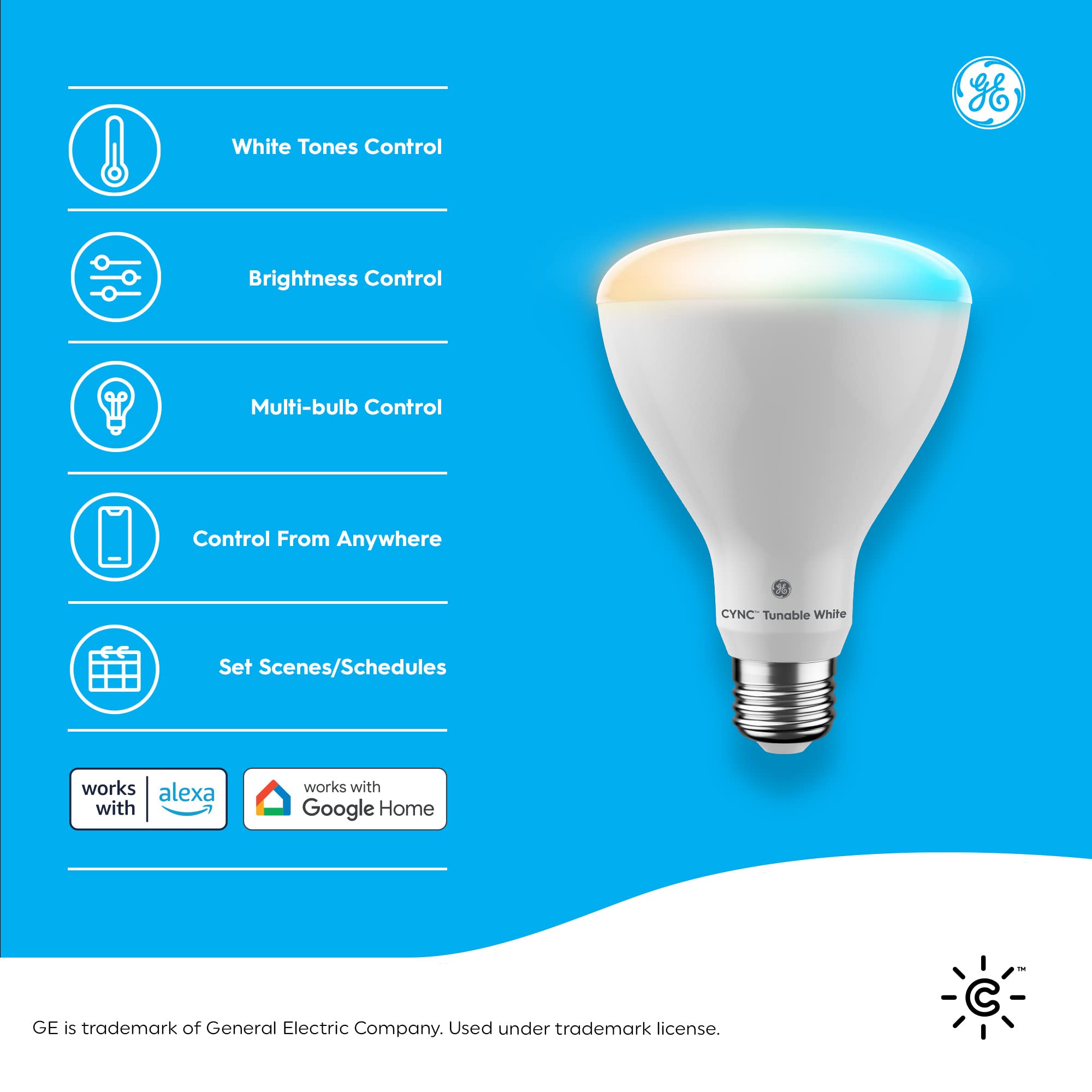 Cync Smart LED Light Bulbs, Tunable White, Bluetooth/Wi-Fi, BR30 Indoor Floodlights, 2 Pack, Plastic