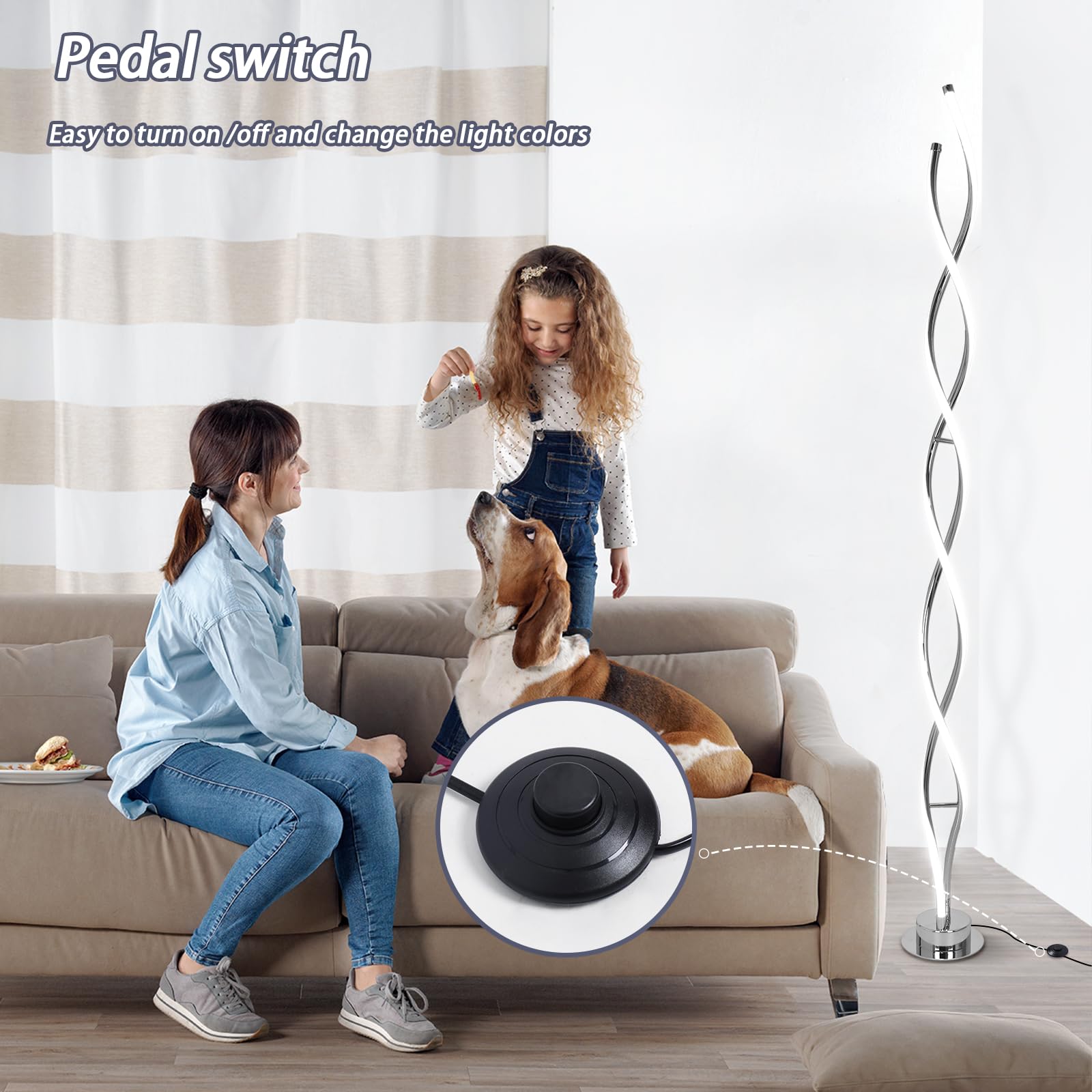 ADISUN 31W LED Spiral Floor Lamp - 3-Color Dimmable with Remote, 58" Tall, Silver, Model DNA for Living Room, Bedroom, Office