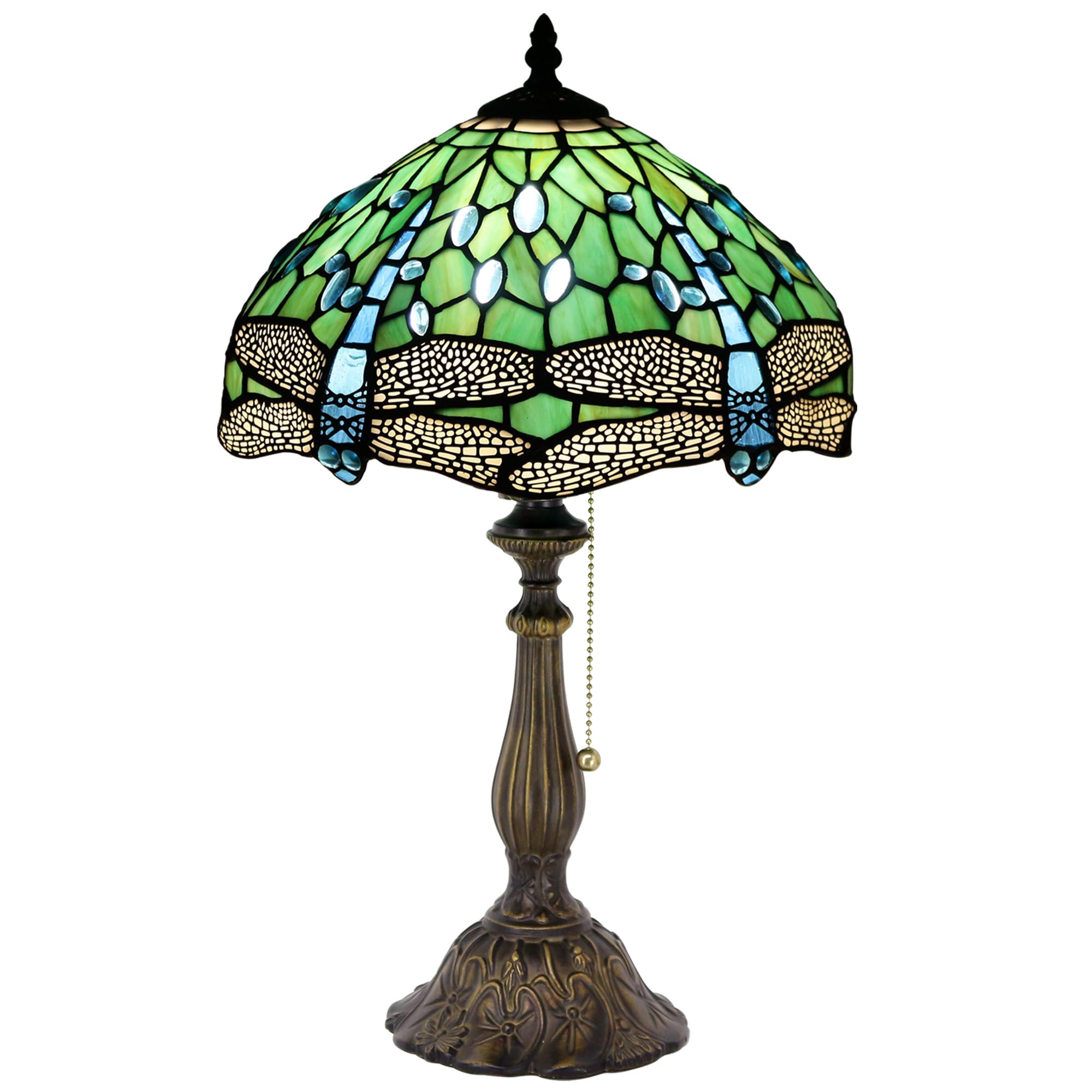 Zjart Tiffany Table Lamp Stained Glass Lamp 12X12X19 Inch Antique Reading Light (Green Dragonfly)