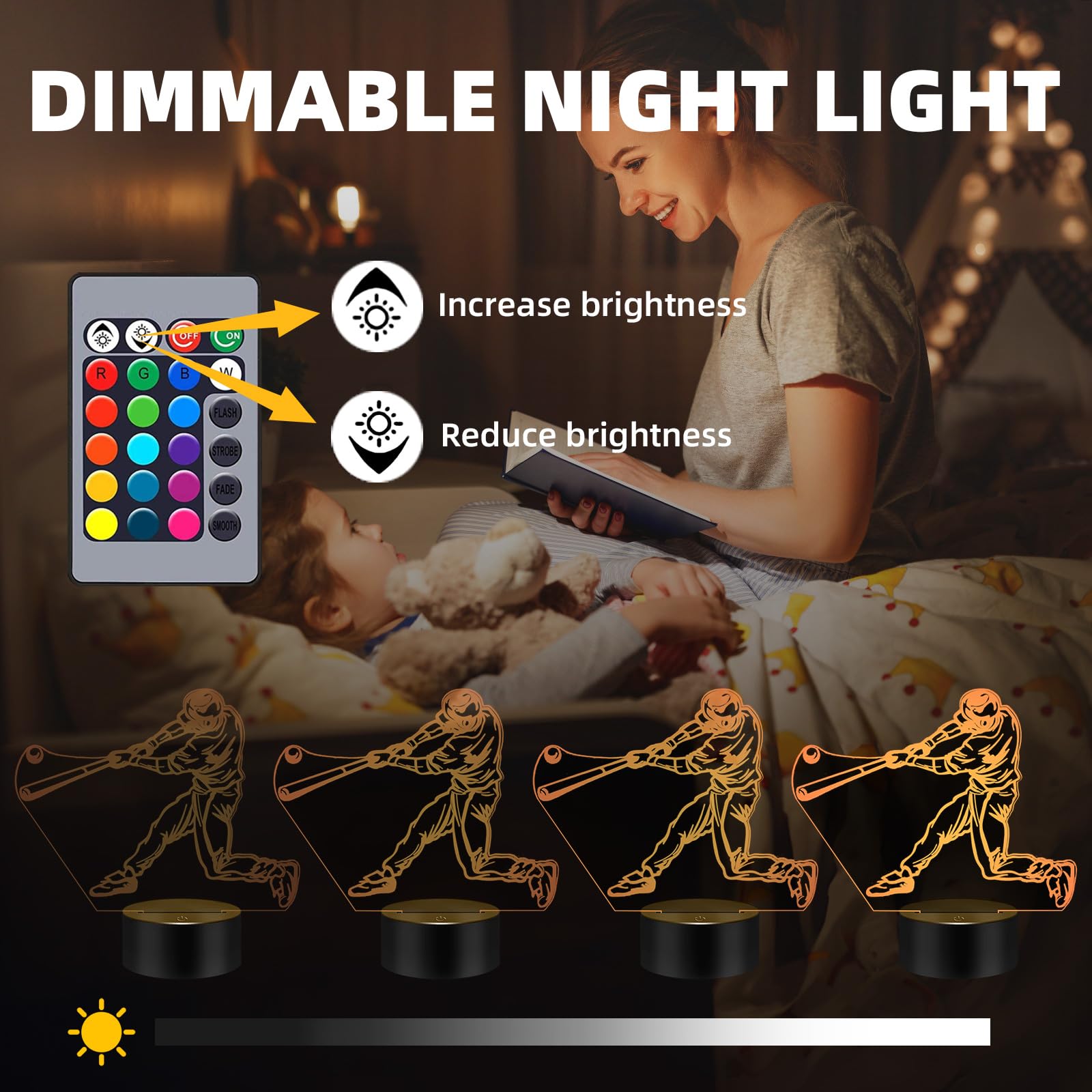 Menomino Baseball Gift 3D Night Light, 16 Colors Changes Remote Control Motocross Lamp, Led Room Decor, Baseball Toys, Birthday