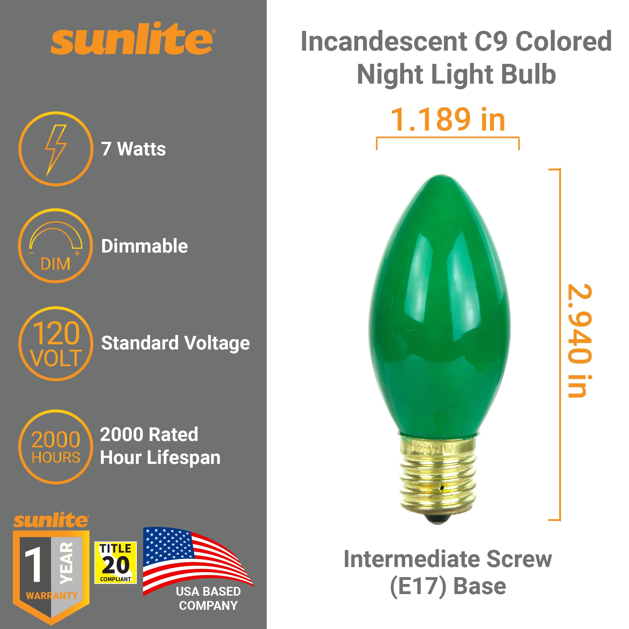 Sunlite 01295-SU Incandescent C9 Colored Bulbs, Holiday Decorative Bulb 7 Watts, E17 Intermediate Base, Christmas-Lights Nightli