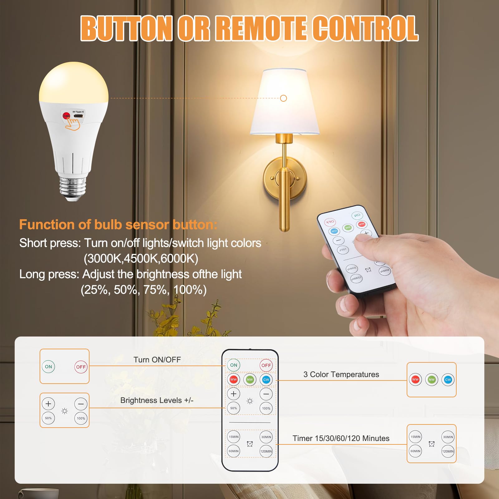 Vitnucrol 4 Pack Rechargeable Light Bulbs With Remote, E26 Wireless Battery Operated Light Bulb For Lamps, 2600Mah Dimmable Time