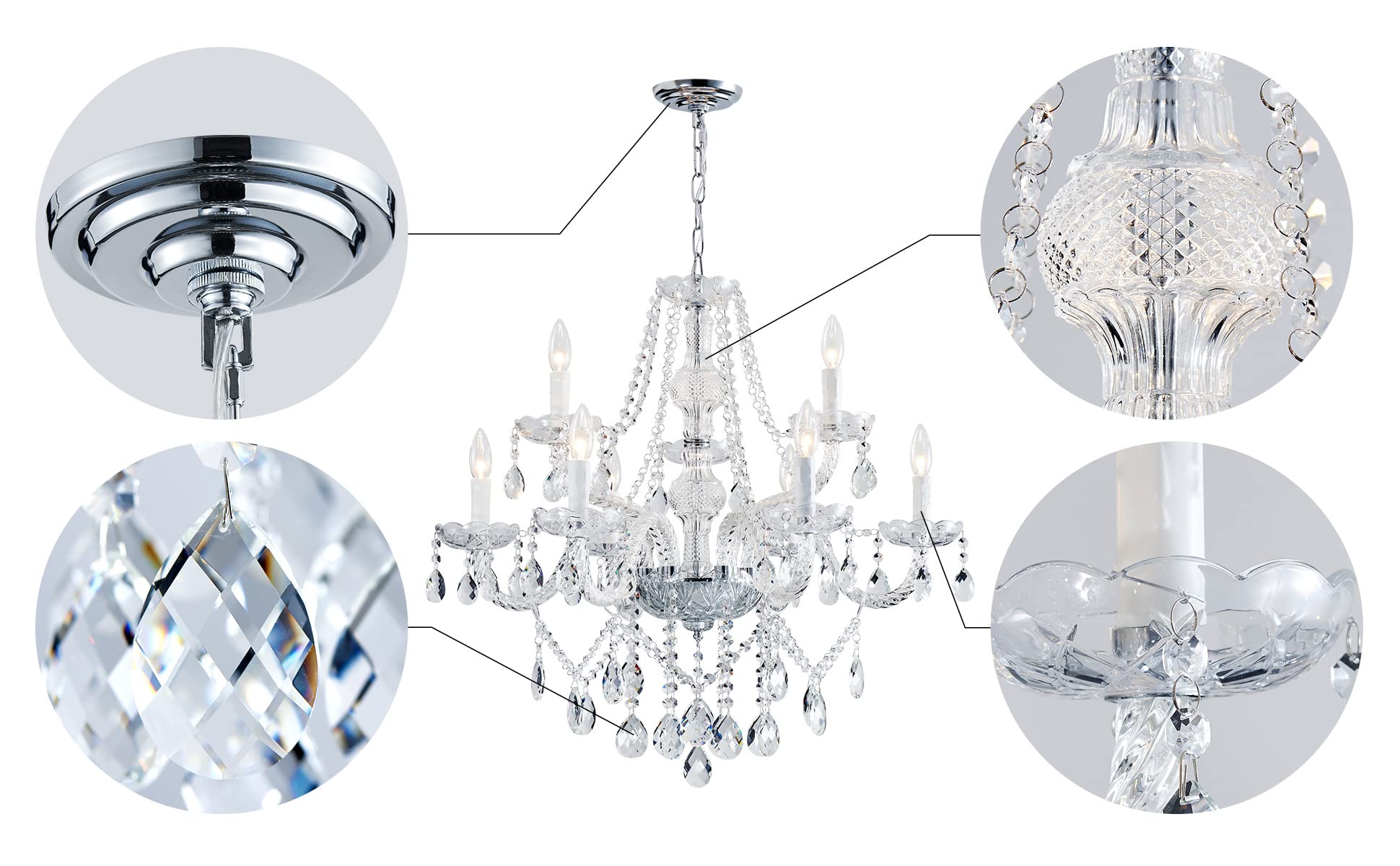 SM Saint Mossi 9-Light Crystal Chandelier - Modern Metal Ceiling Fixture, Clear Finish, Model SM-DY-16127