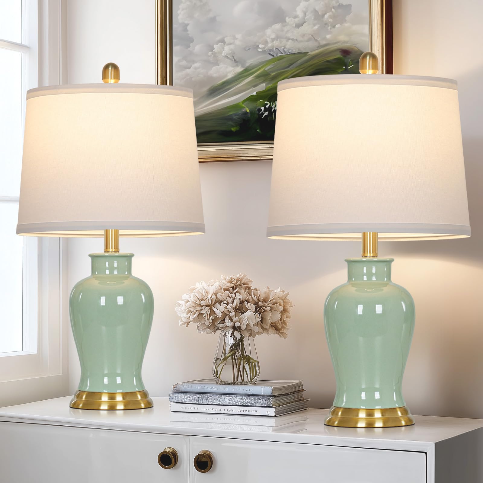 Ruzectt Green Ceramic Lamps Set of 2  23 Modern Table Lamps for Living Room  Classic Bedside Lamp with Ginger Jar Design  Elegant Bedroom Lamp for Night Stand Desk Side End Table Home Decor
