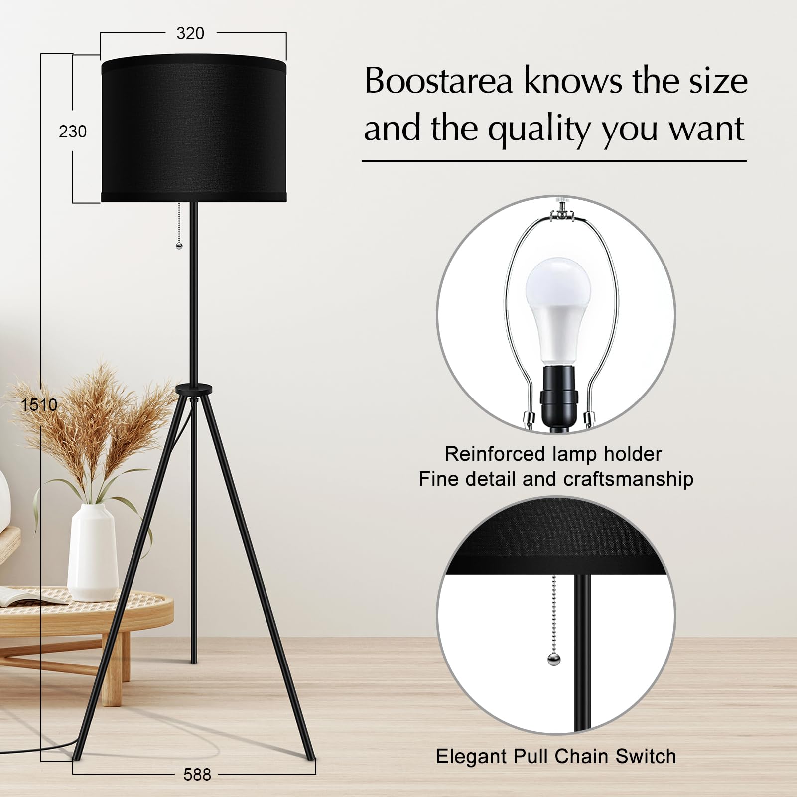 Boostarea Floor Lamp For Living Room,59.5'' Tripod Floor Lamp, Black Linen Lamp Shade, Mid Century Standing Lamp For Living Room