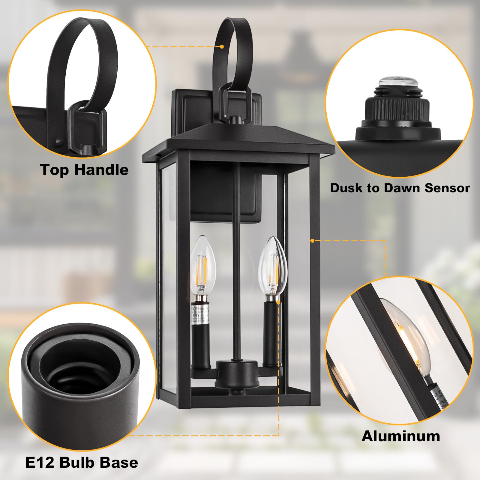 Large Motion Sensor Outdoor Wall Lights, 18" Black Dusk To Dawn Outdoor Light, 2-Light Aluminum Outdoor Light Fixture With E12 Socket, Etl Listed Outside Porch Light Wall Mount For House, Proch