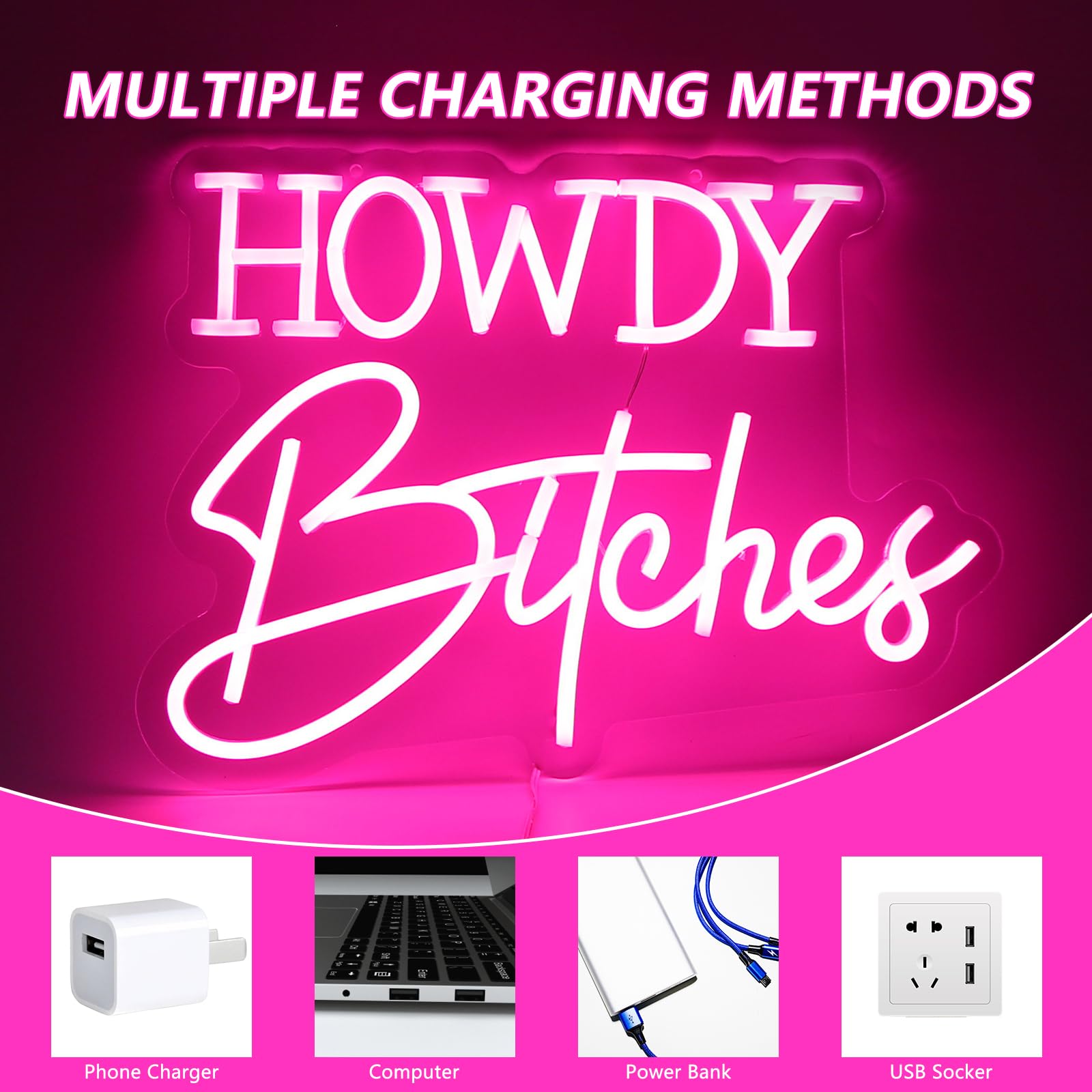 Moodlion Neon Sign for Wall Decor - Howdy LED Light, 15.8x11.5 IN, Pink, Model JMNH00052-HOWDY, Aesthetic Room Decor