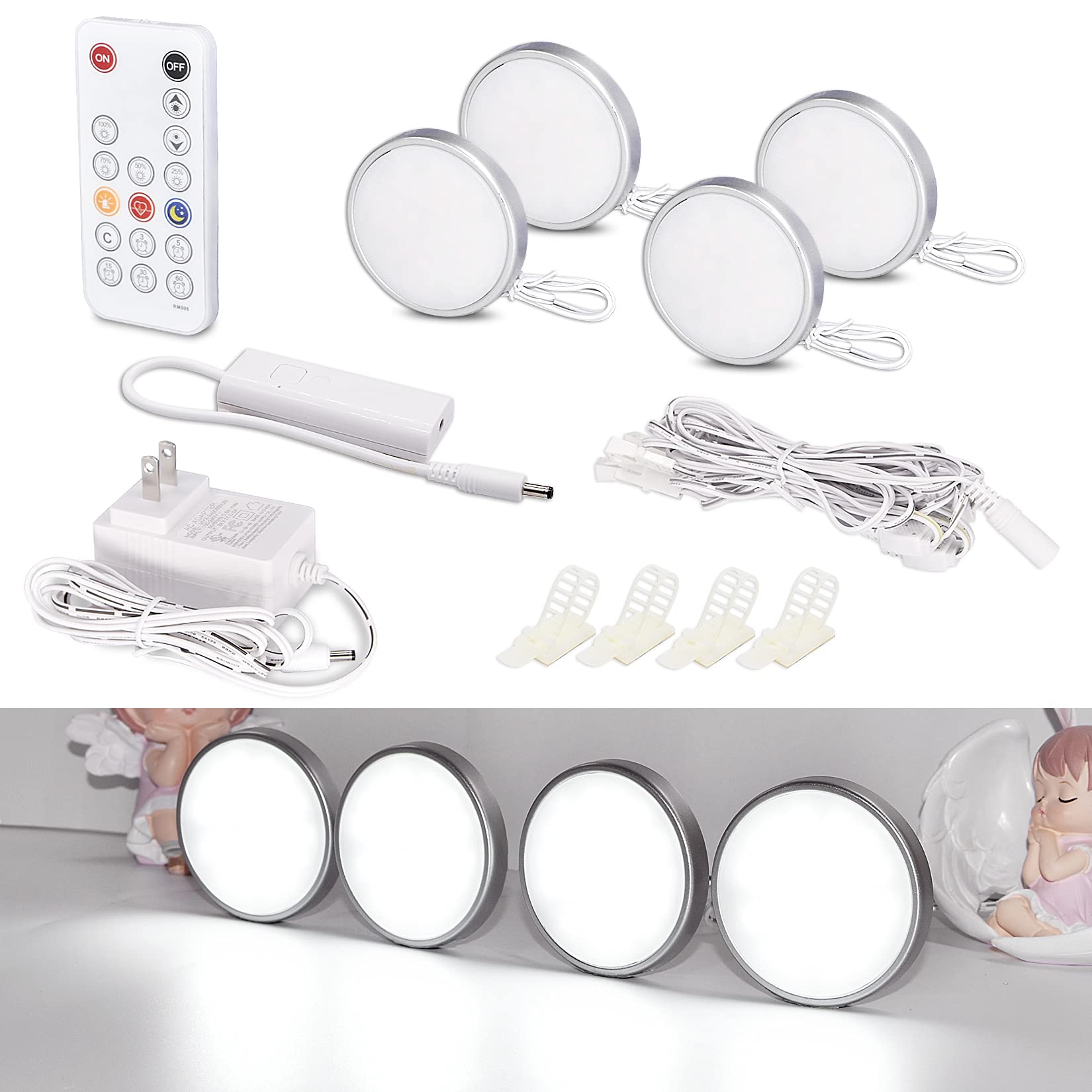 WOBANE LED Under Cabinet Lighting Kit, 112 LEDs, 700lm, RF Remote Control, Silver, Model CS211, 4 Pack