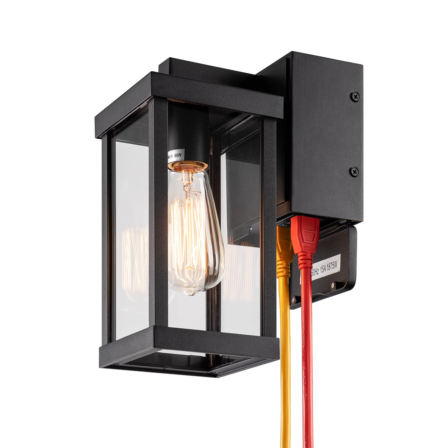 mirrea 18'' Classic Outdoor Wall Sconce with Built-in GFCI Outlet 1 Light in Matte Black Rectangular Metal Frame and Clear Glass