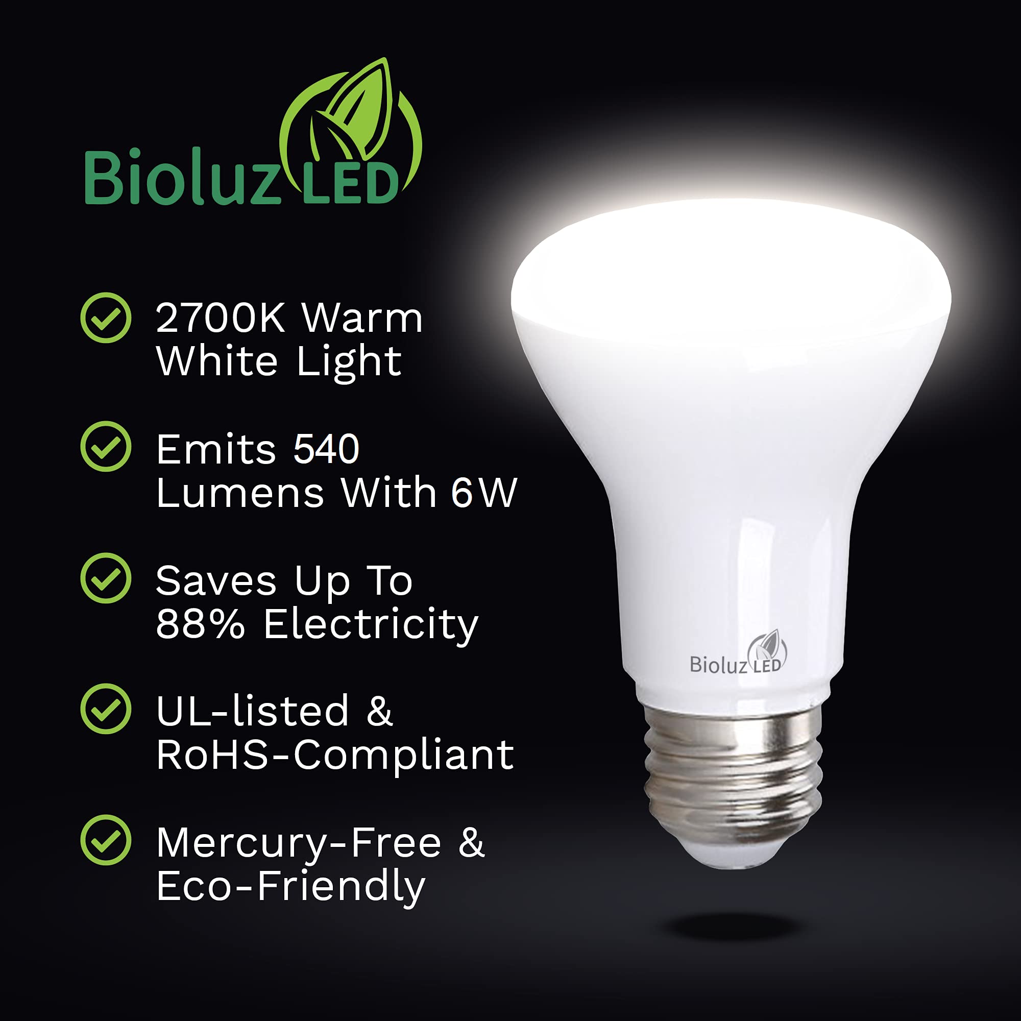 Bioluz Led 2-Pack R20 Led Light Bulbs, 6W = 50W Replacement, 2700K Bright Warm White Led Light Bulbs, 540 Lumens, 90 Cri, Dimmab