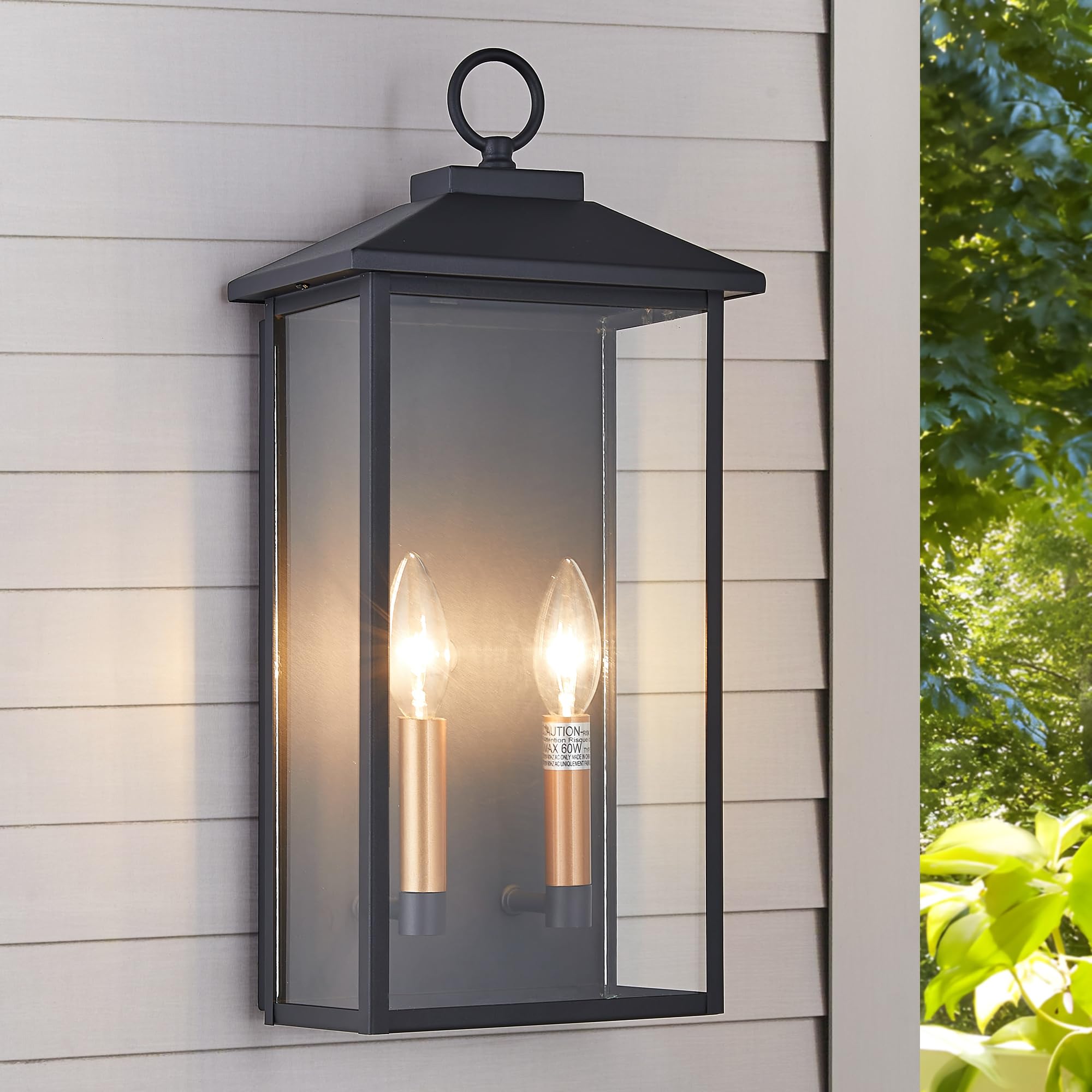 Tarentlight 18 Inch Wall Light In Clear Glass And Textured Black And Golden Candle Cap Sleeve Outdoor Lighting Wall Sconce 2-Light 120Watts For House Doorway Garage Bulb Not Included.
