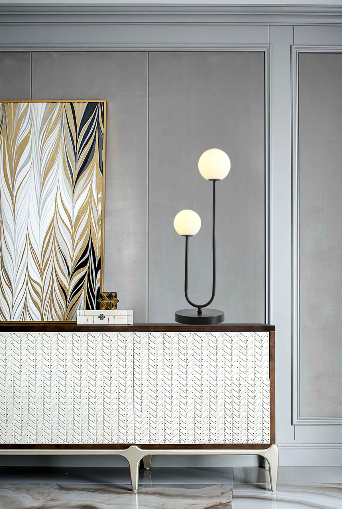 AMARTIZ Black U-Shape 2-Light Table Lamp, Mid Century Design with Milk White Glass Shade, Model T3000-BK for Bedroom Nightstand