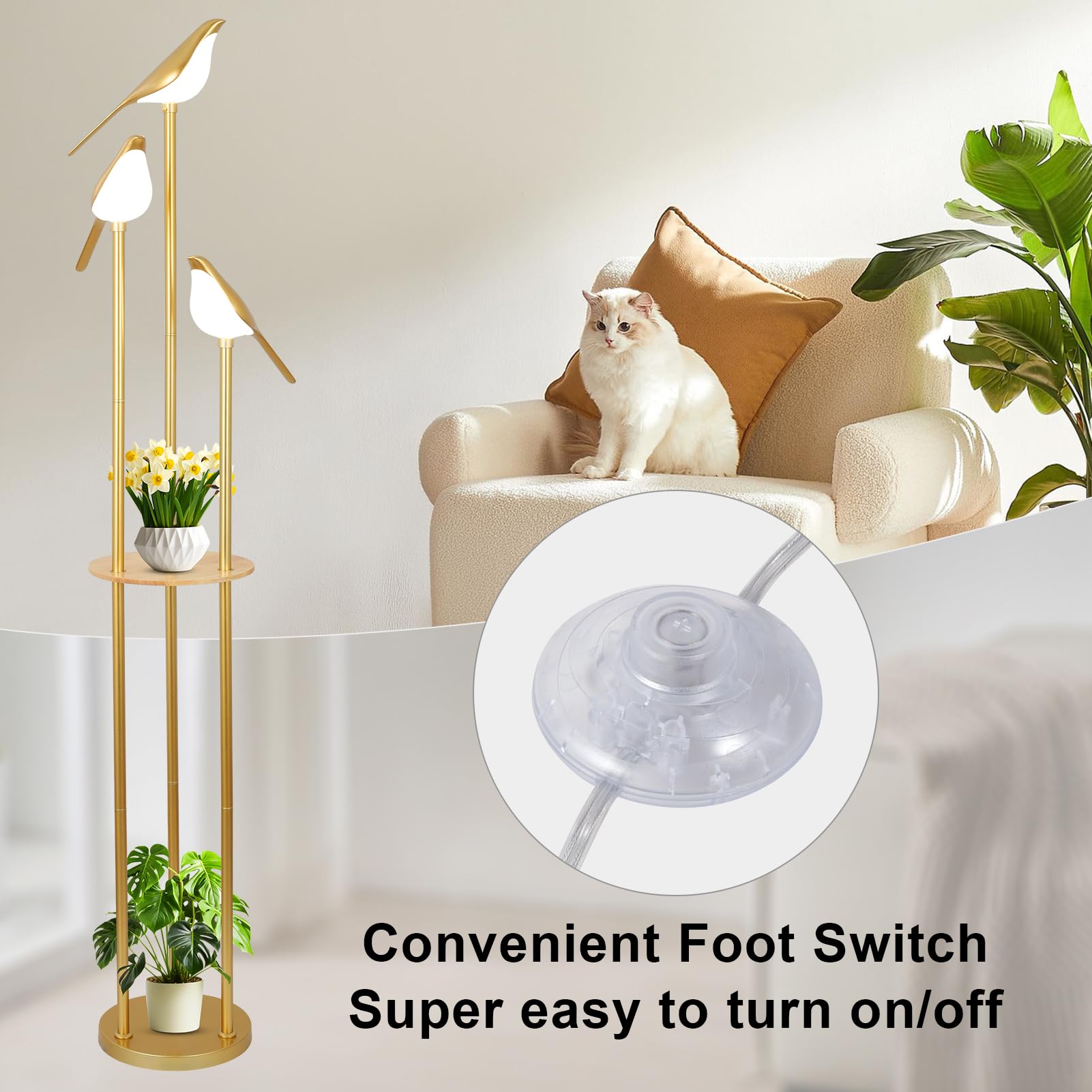 Artmooy Gold Floor Lamp - Modern Mid Century Design, 3 Adjustable LED Lights, Corner Tall Lamp with Shelves, Model 240502A1
