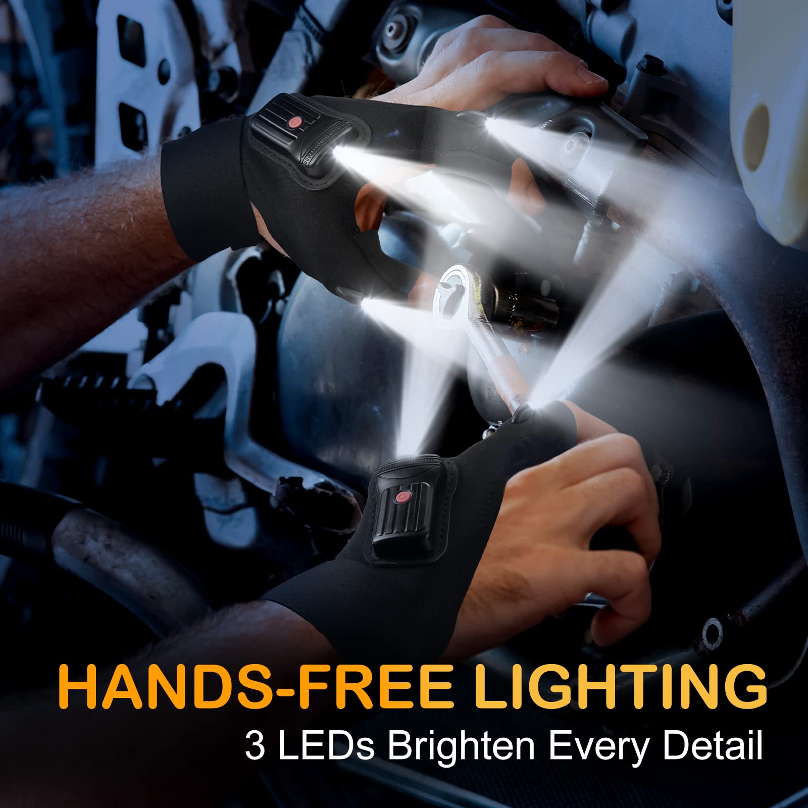 PARIGO Flashlight Gloves for Men, Rechargeable LED, Black, Model PARIGO 3LEDS, Ideal for Fishing, Camping, Repairing, Christmas Gifts