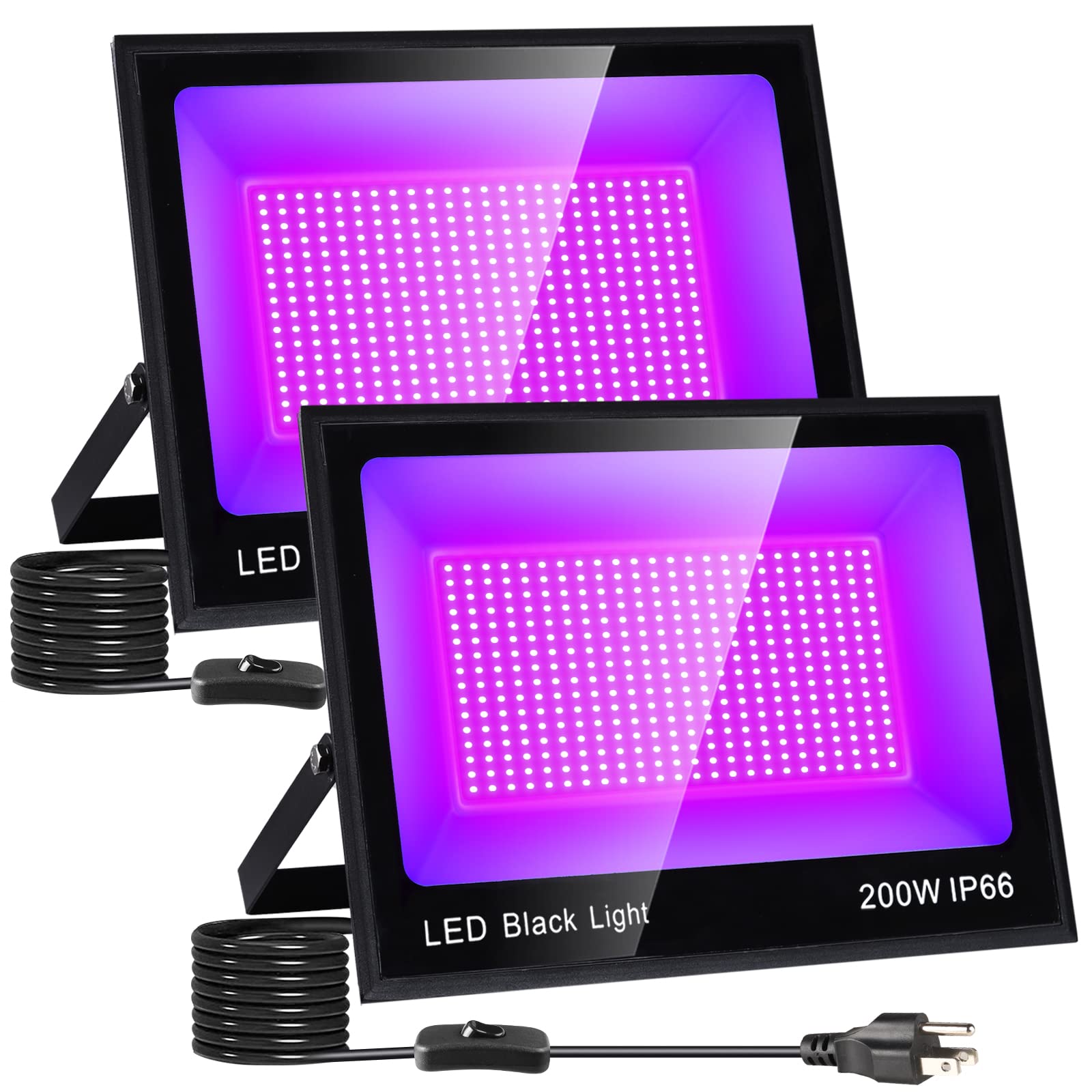 ISUERFY LED Black Light Flood Light 200W 2 Pack, IP66 Waterproof, 10ft Cable, Violet, Model SUER-FL200W-2-NEW