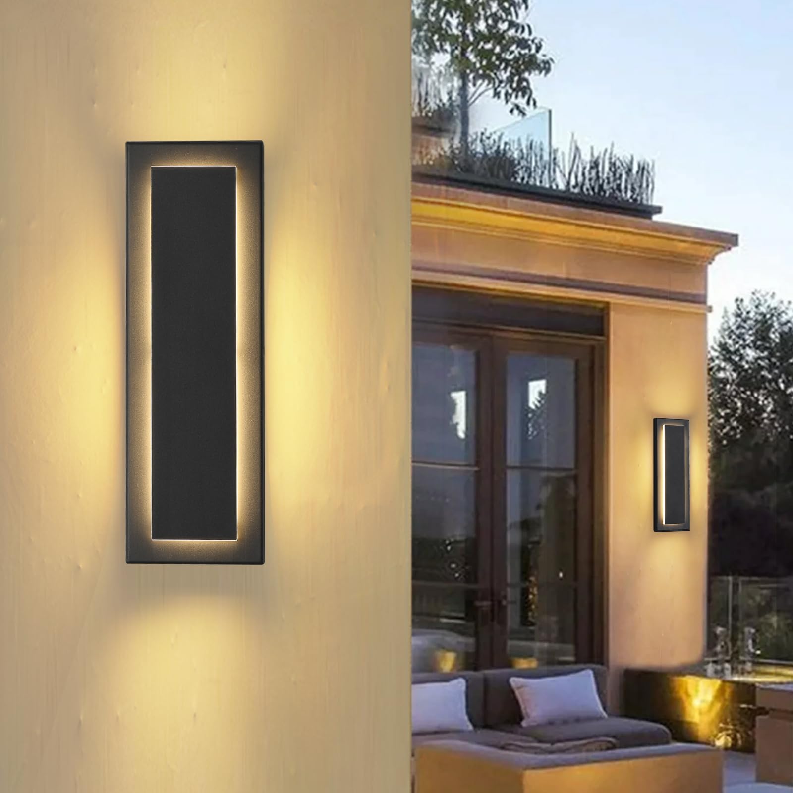 ZSMAIKU LED Outdoor Wall Light - 4 Packs, 12W Waterproof Sconces, 16" Black Metal, 3000K Warm White, Modern Design, Model MK-108