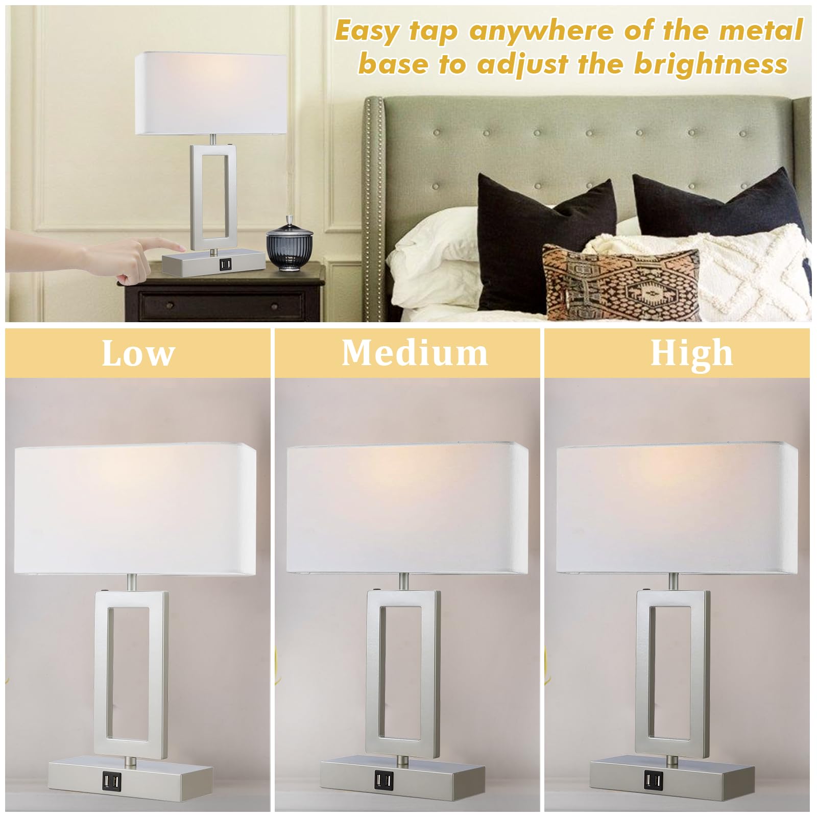 gernehop Silver Table Lamps Set of 2 - 3-Way Dimmable Touch Control, 16" Medium, USB Ports, Nightstand LED Bulbs Included