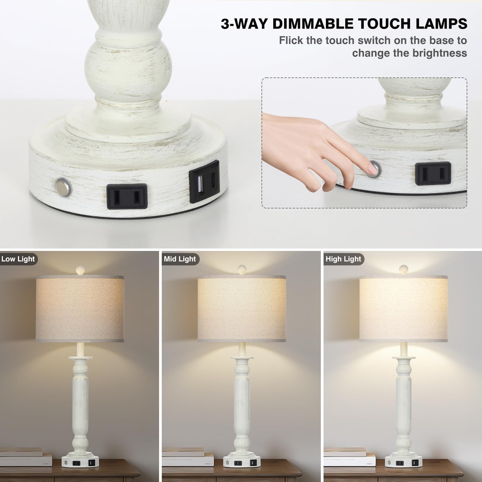 Rinweey 28.5'' Farmhouse Table Lamps For Living Room Set Of 2, 3-Way Dimmable Touch Lamps, Table Lamp With Usb C+A Ports, Bedsid