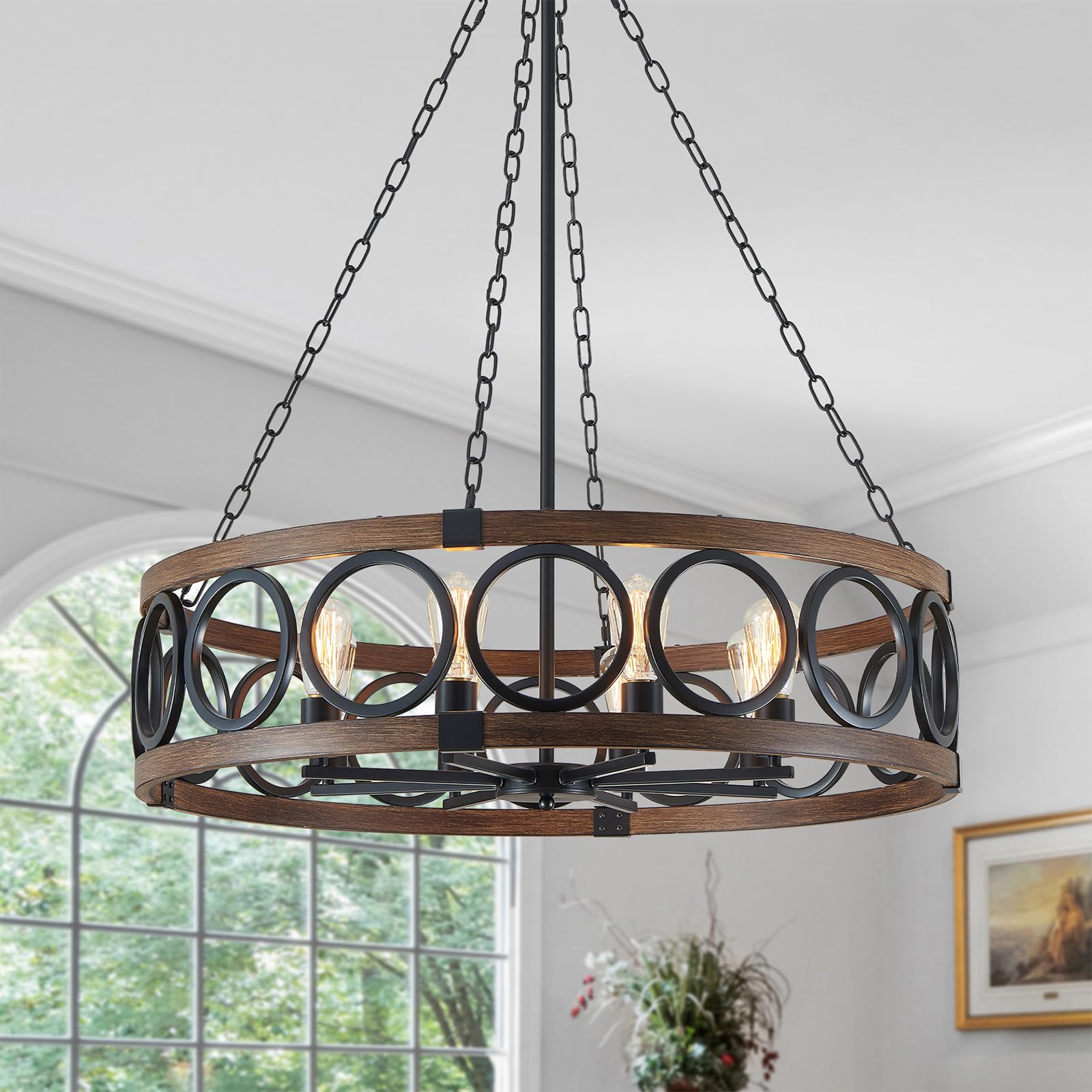 Xingqi 8 Lights Modern Farmhouse Chandelier Black 32.3" Large Drum Light Fixture Rustic Pendant Lighting For Living Room Dining Room Kitchen Island Bar Office, Round Metal Shade Wood Grain Finish