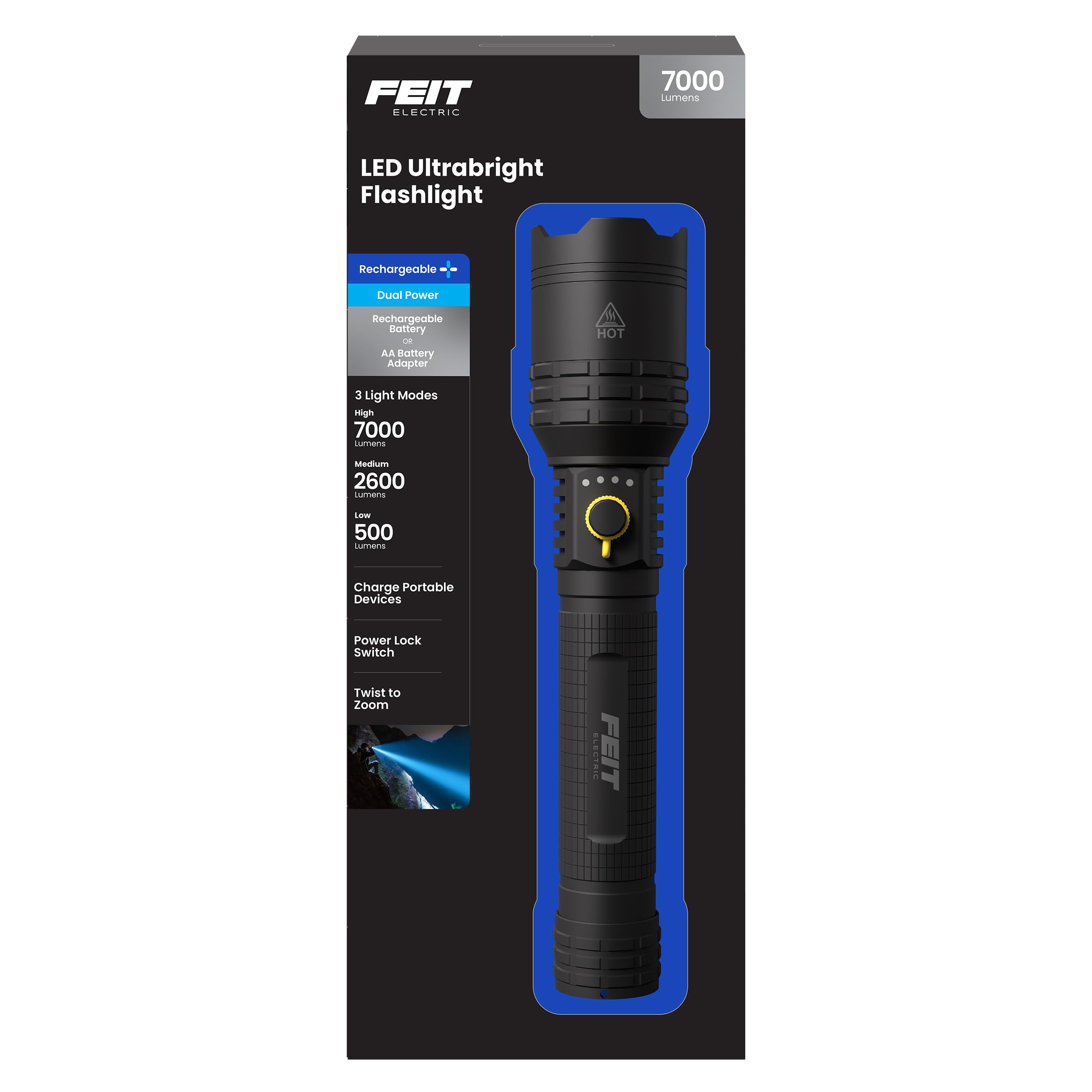 Feit Electric Flex Power Flashlight, 7000 Lumens Ultra-Bright LED, Rechargeable & AA Battery Compatible, Aircraft-Grade Aluminum