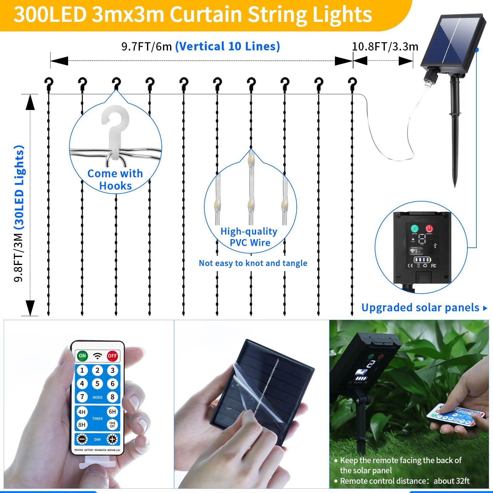 RCNDJE 300LED Solar Curtain Lights, 10Ft x 10Ft, Warm White, Waterproof, Remote Control, 8 Modes, Copper Material
