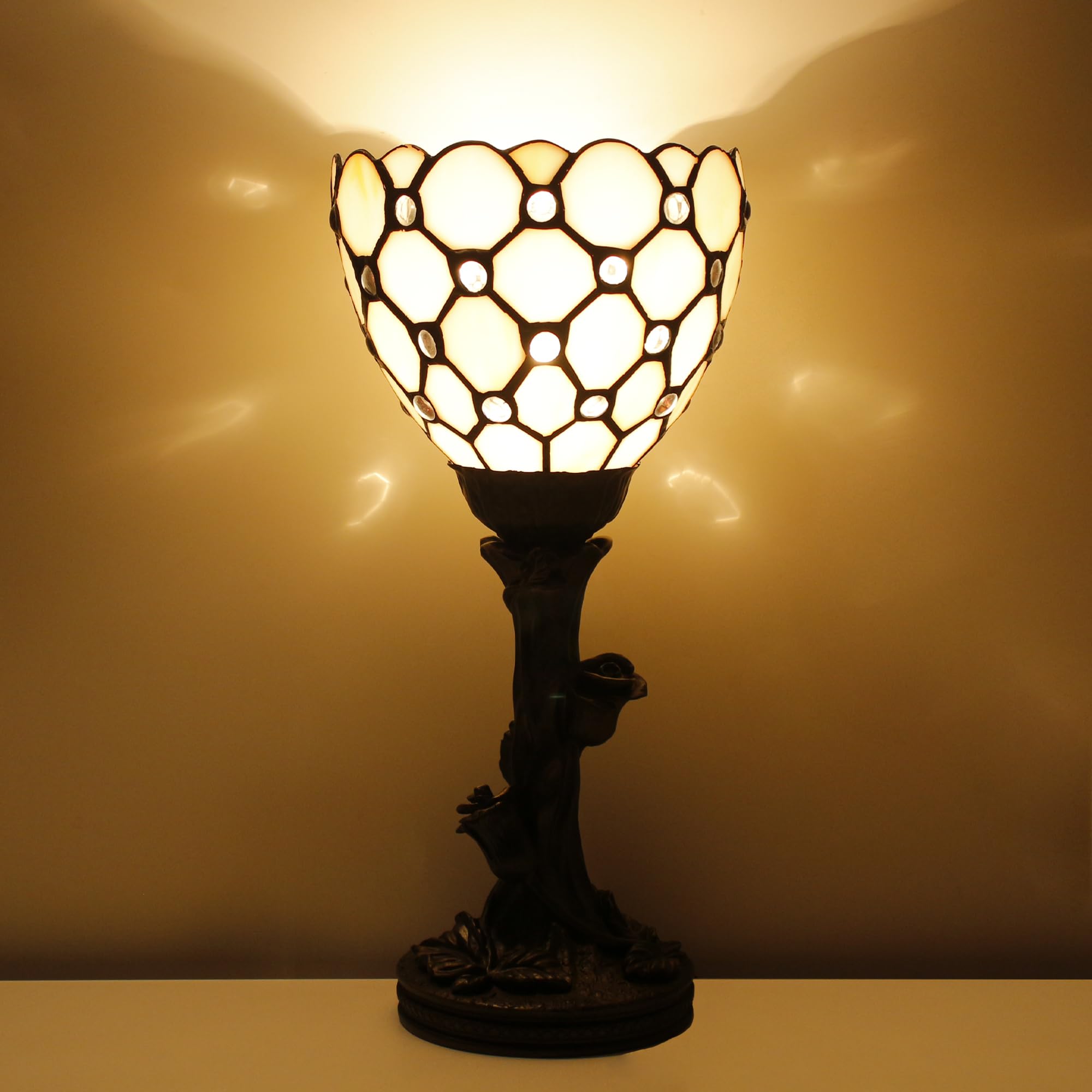 Avivadirect Small Tiffany Lamp Mini Stained Glass Table Lamp Cream Bead Accent Desk Uplight W6 H13.5 Inch Bronze Resin Base