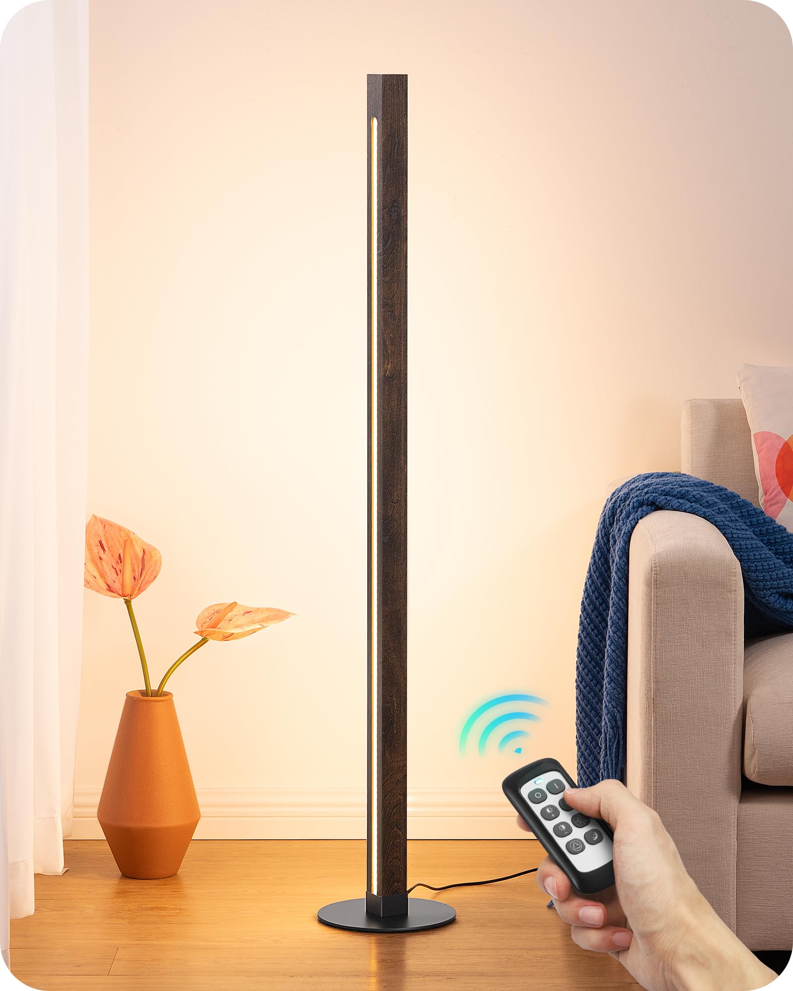 EDISHINE Wooden Corner Floor Lamp, Upgraded Dual-Sided LED Lighting, Dimmable, Remote/Foot Control, Dark Walnut, Model HLFL12B