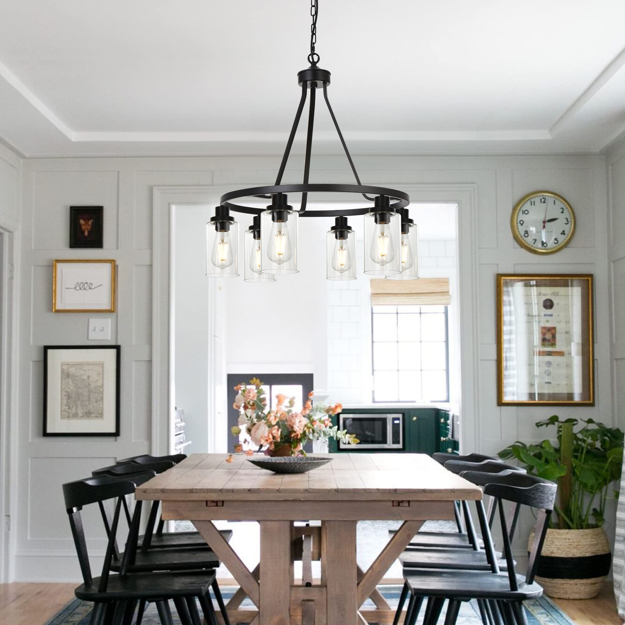 MELUCEE 6-Light Black Metal Chandelier - Farmhouse Pendant Lighting for Dining Room, Kitchen, Living Room