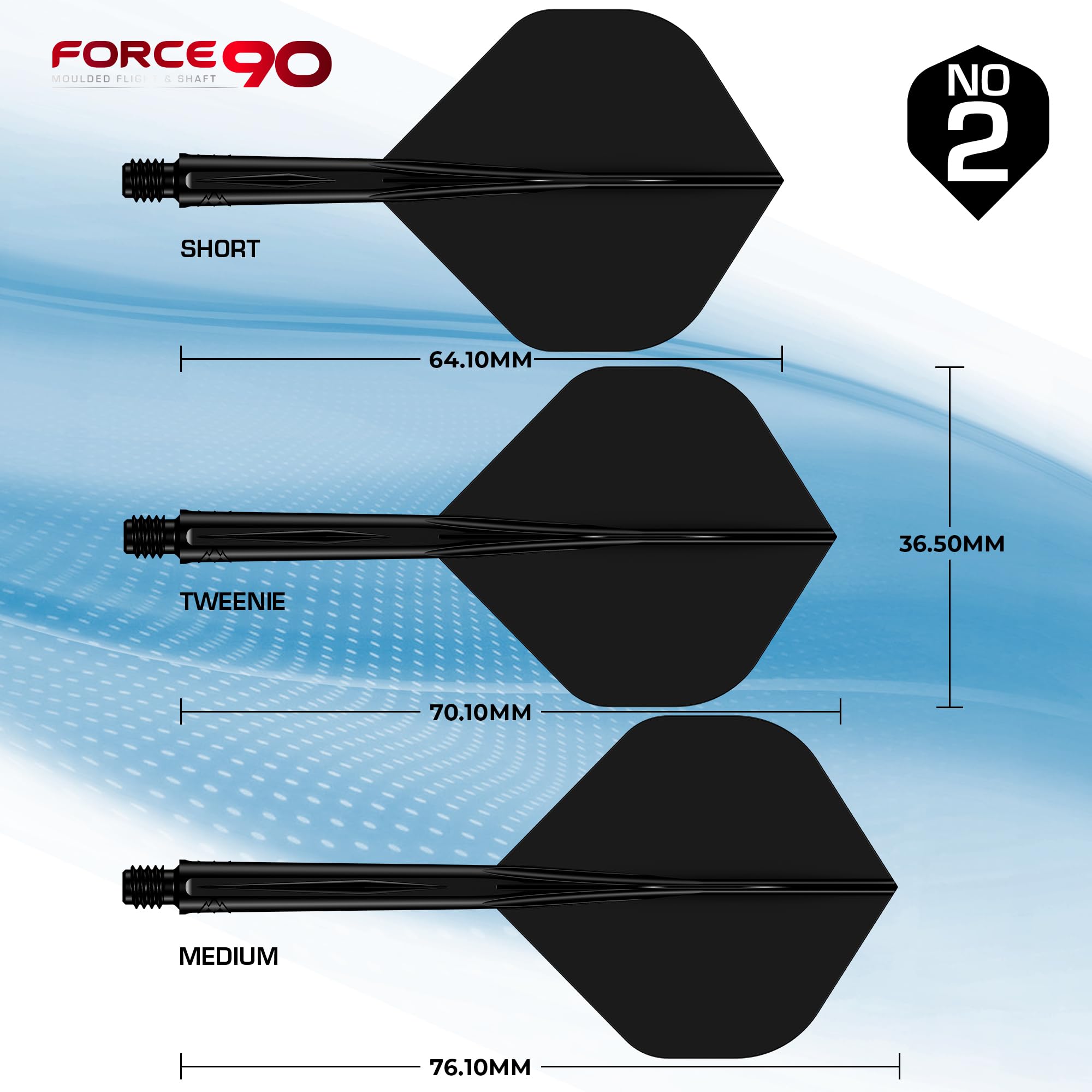 Mission Darts Force 90 Dart Flights and Stems, 2-in-1 System, Plastic, Standard No.2, Medium, Black, Pack of 3
